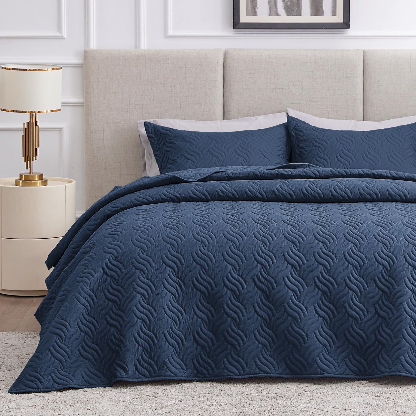 Love's cabin Twin Quilt Set Navy Blue Bedspreads - Soft Bed Summer Lightweight Bedspread Comforter - Modern Style Wave Pattern Coverlet for All Season - 2 Pieces (1 Quilt, 1 Pillow Sham)