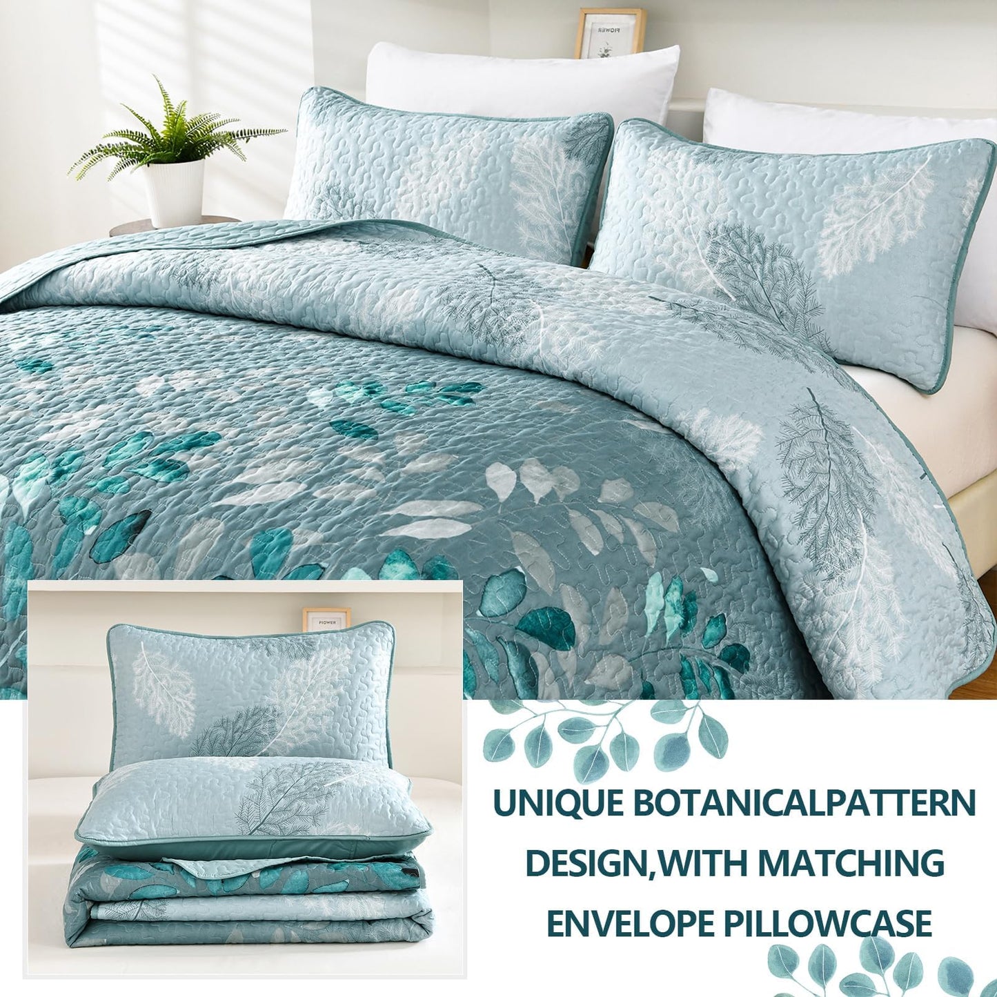 WONGS BEDDING Floral Quilt Set Queen Size, 3 Pieces Aqua Botancal Leaves Bedspread Coverlet Set with 2 Pillowcases for All Season, Soft Microfiber Floral Bedding Set 96"×90"
