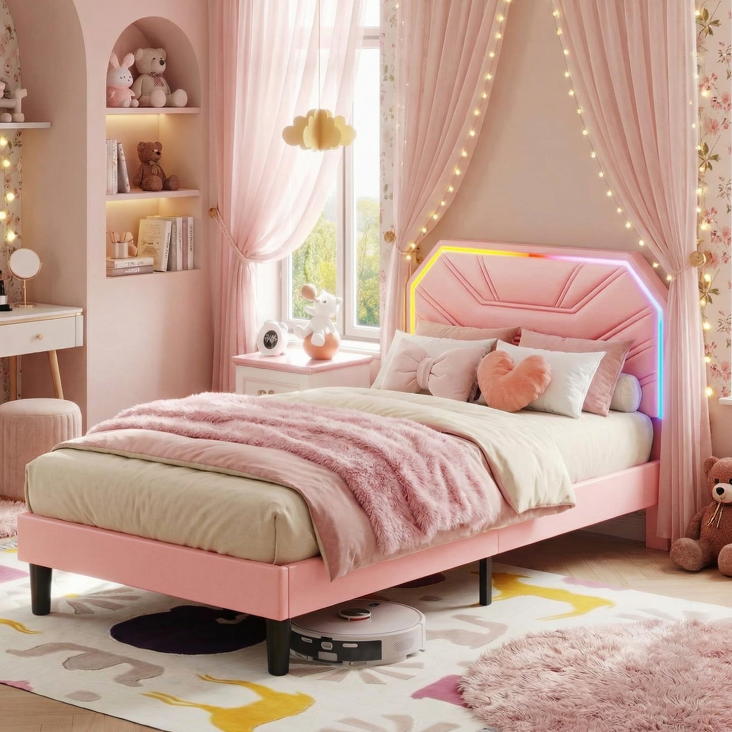LIKIMIO Twin Bed Frames with LED Light Headboard, Upholstered Modern Cama Twin Platform Bed Frame with Heavy Duty Supports, No Box Spring Need, Noise Free, Easy Assembly, Princess Pink