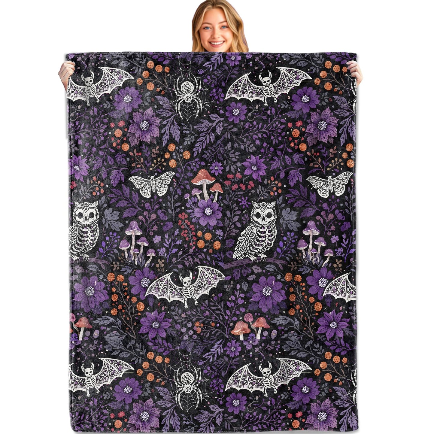 MIEPOS Gothic Purple Floral Bat Blanket Soft Lightweight, Dark Botanical Style Flannel Throw Blankets for Couch Sofa Camping Office Travel Home Bedroom Decor, Kids Women Gifts 60"X50"