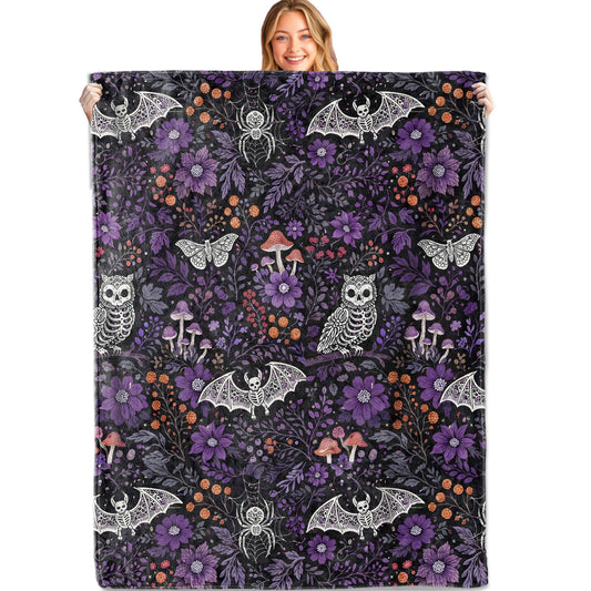 MIEPOS Gothic Purple Floral Bat Blanket Soft Lightweight, Dark Botanical Style Flannel Throw Blankets for Couch Sofa Camping Office Travel Home Bedroom Decor, Kids Women Gifts 60"X50"