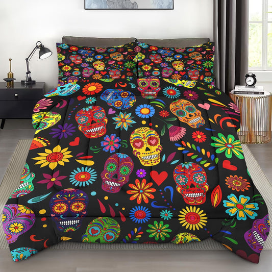 Pamnest Comforter Set Queen Size, Dead Sugar Mexican Soft 3 Pcs Bedding for Kids and Adults, Aztec Flower Comforter Set with 2 Pillowcases, for Bedroom Bed Decor