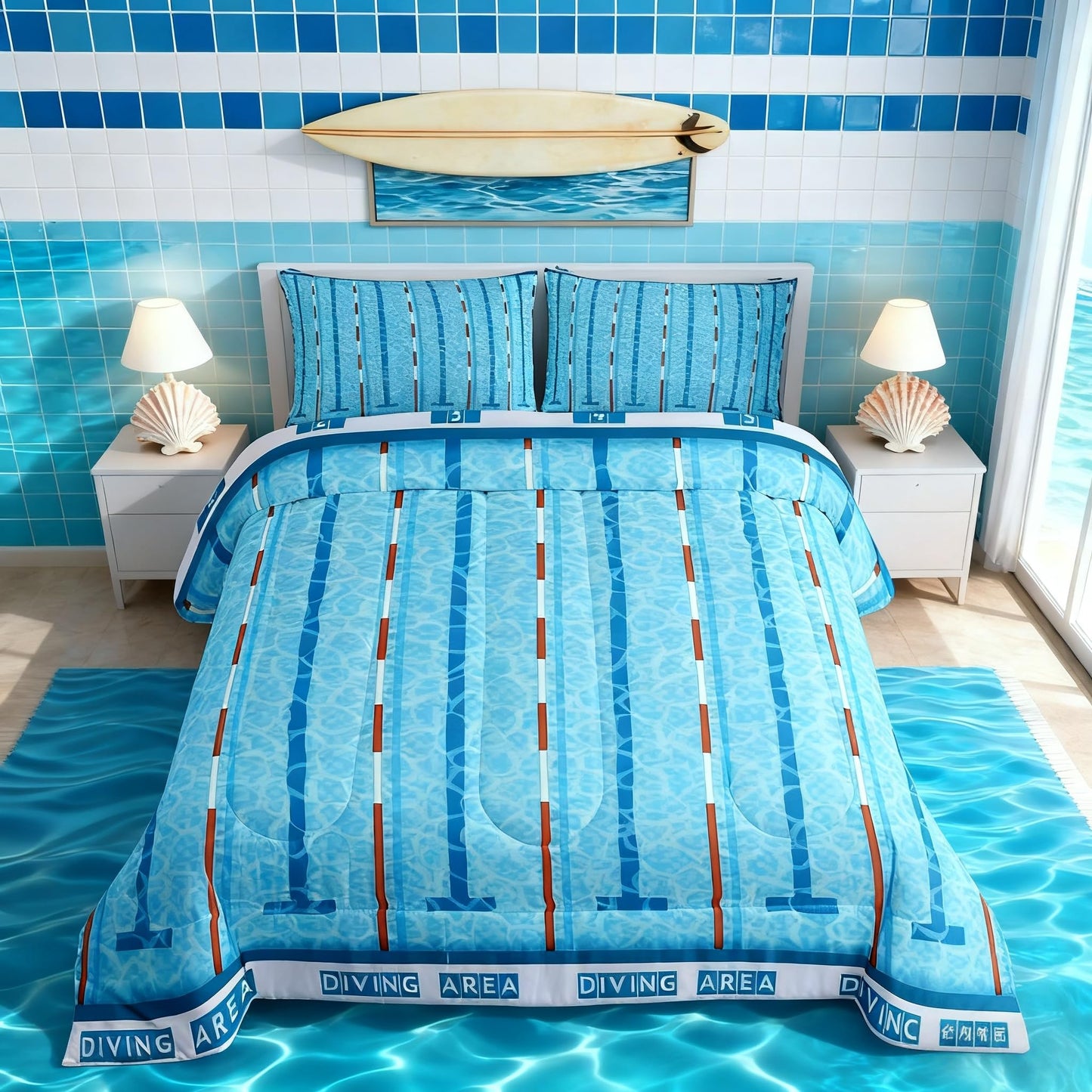 Manfei Swimming Kids Comforter Set Queen Size,Swim Sports Games Modern Fashion Bedding Set,Boys Girls Adults Room Decor,Swimming Pool Chic Down Comforter,Blue Unique Duvet Insert,2 Pillowcases
