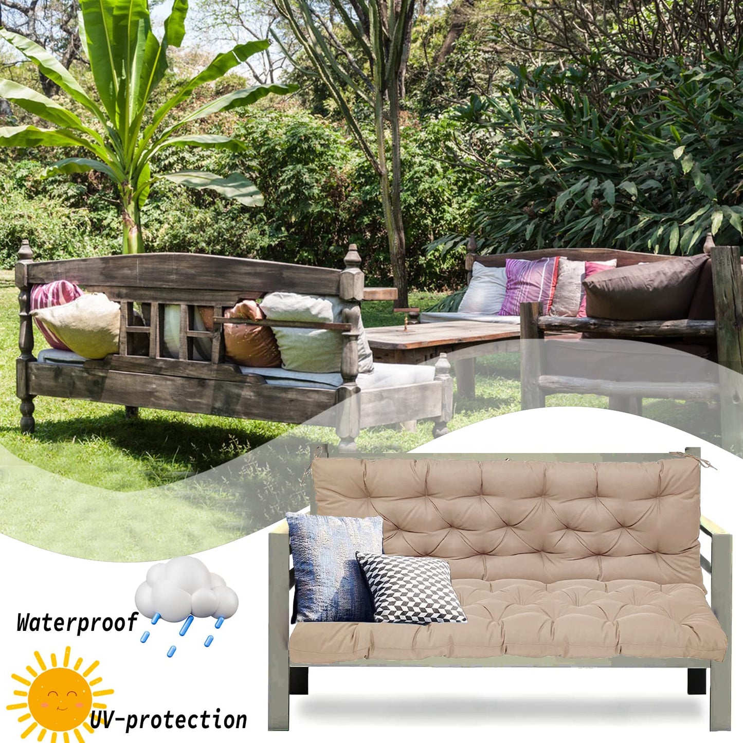 Sauqzoh Replacement Cushions for Swing, Swing Cushions 3 Seater Replacement, Waterproof Thicken Washable Cushion for Outdoor Indoor Furniture Swing Patio (Khaki, 40x40 inch)