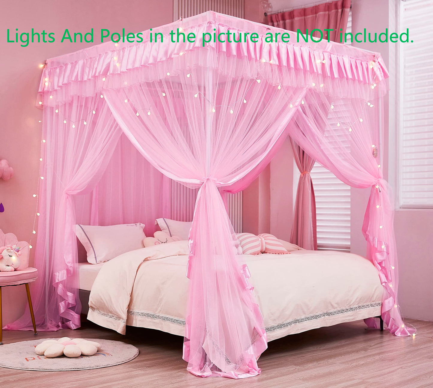 Mengersi 4 Corners Post Canopy Bed Curtains for Girls Full Size - Royal Luxurious Cozy Drape Canopy Bed Frames Netting for Kids Adults- Cute Princess Bedroom Decoration (Pink)