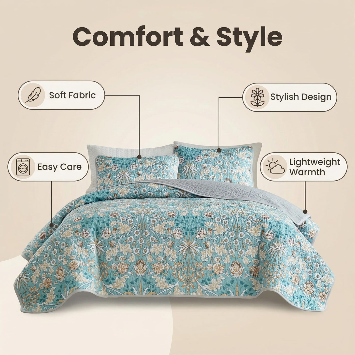 Andreannie Boho Style Quilts King Size Bedding Set Quilted Bedspread Bohemian Floral Soft and Lightweight Bedspread for All Season, Bedding Coverlet with 2 Matching Pillow Shams (3 Pieces)