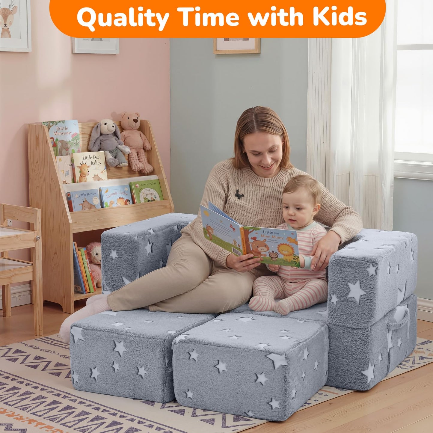 MeMoreCool Modular Kids Play Couch Sofa – Glow-in-the-Dark Star Design, Fold-Out Toddler Couch for Playroom Furniture, Grey
