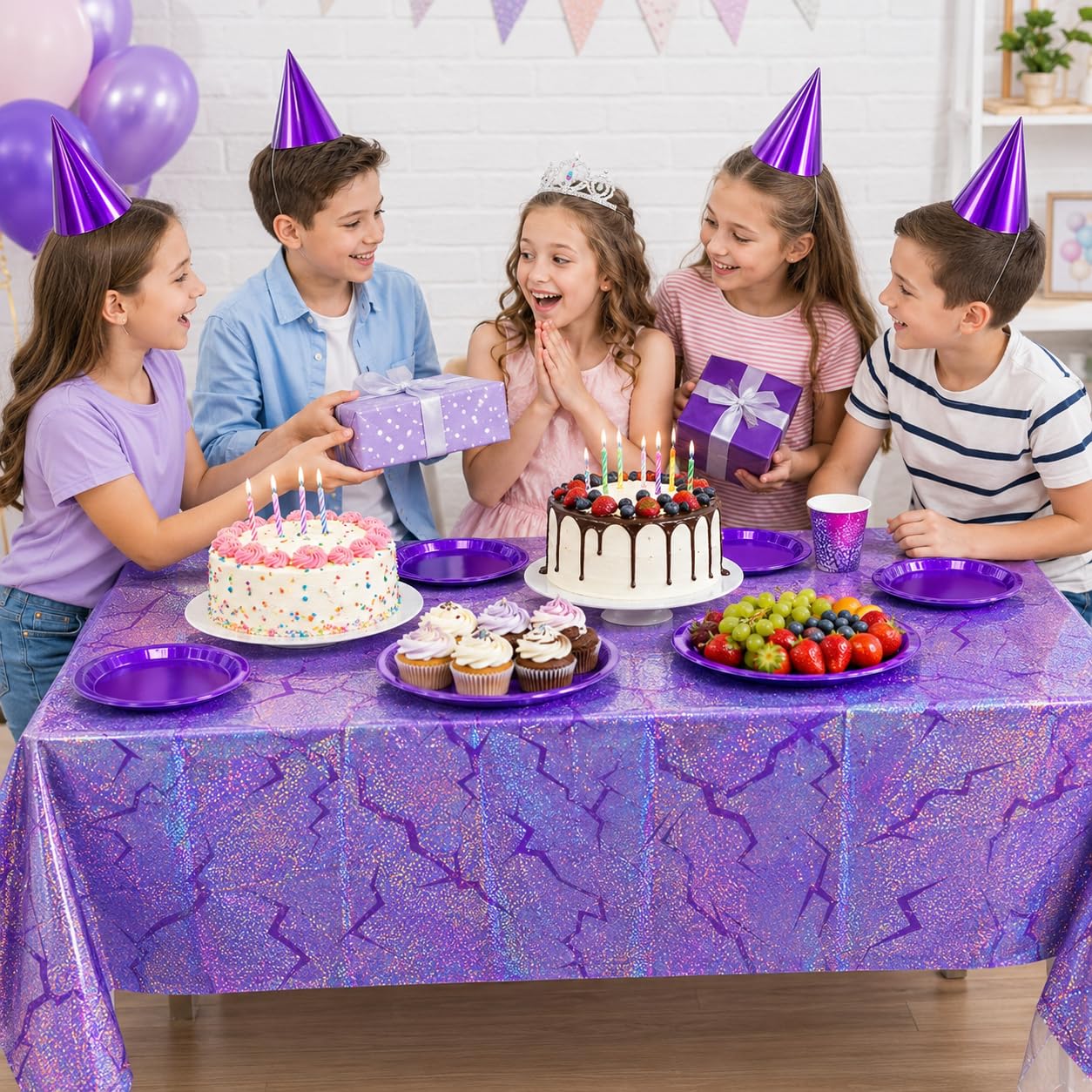 LHFYACI 4 Pack K-Style Holographic Laser Purple Tablecloth, Iridescent Party Decorations, Shiny Lightning Disposable Table Covers for Birthday, Bridal Shower, Bachelorette, Disco Party, 54x108 Inch