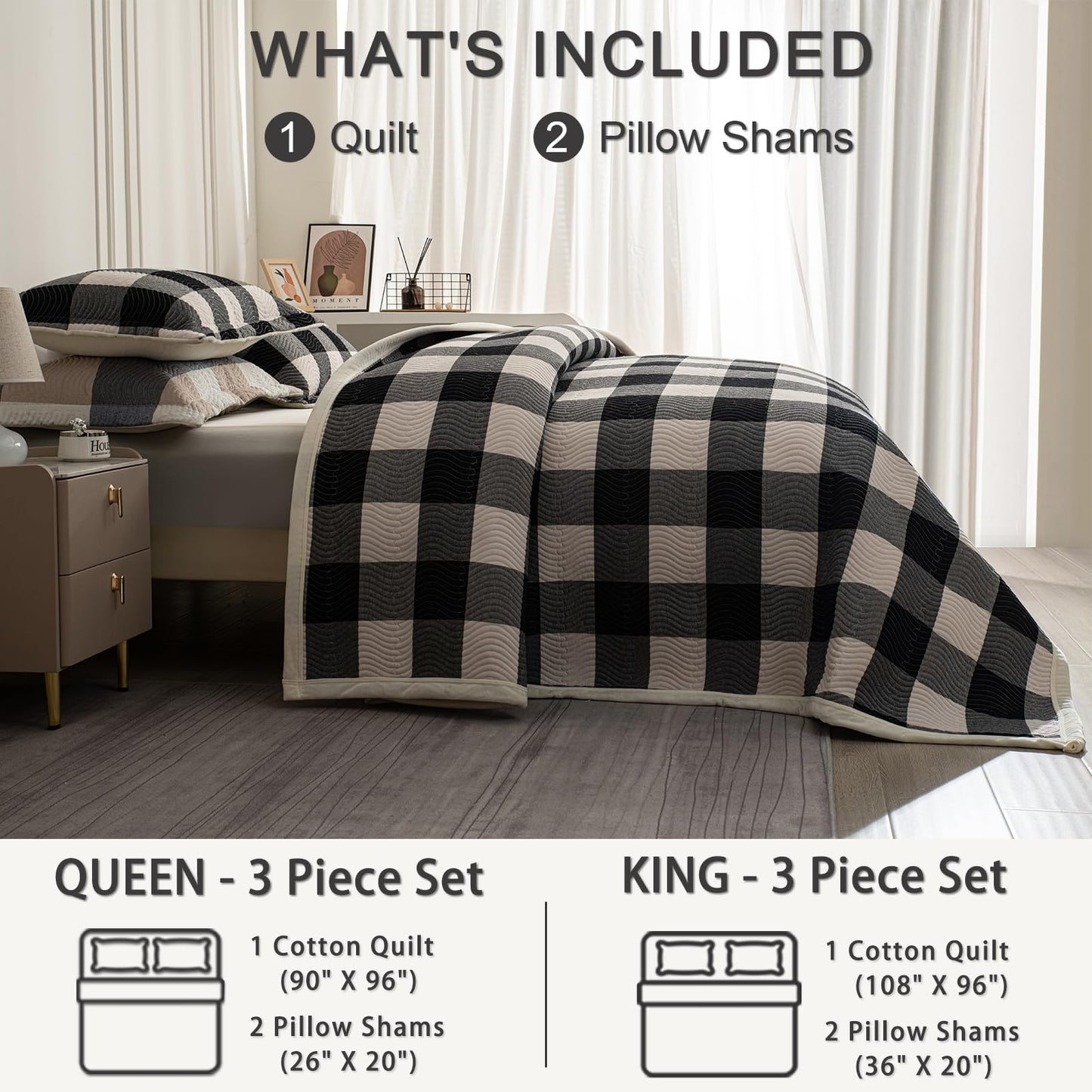 tohrisa Cotton Plaid Quilt Set, Ultra Soft 3 Pieces King Size Bedding with 2 Pillow Shams, Lightweight Reversible Coverlet Bedspread with Wave Quilting for Summer, 108"x96", Grid-Black White