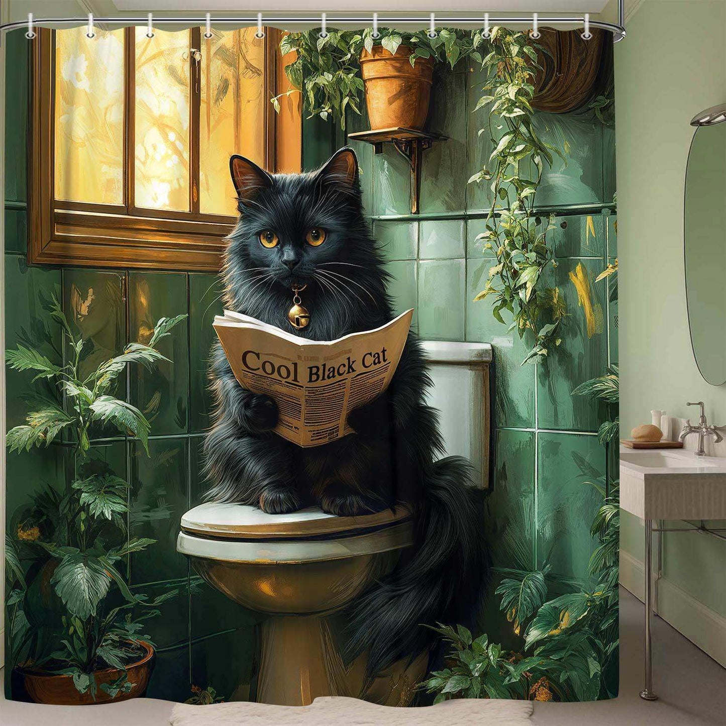 YDIDIAN Funny Black Cat Shower Curtain, Fun Animal Restroom Fabric Shower Curtains for Bathroom, Cat Toilet Reading Newspaper Bath Decor Decorative, with Hooks, 70X70IN