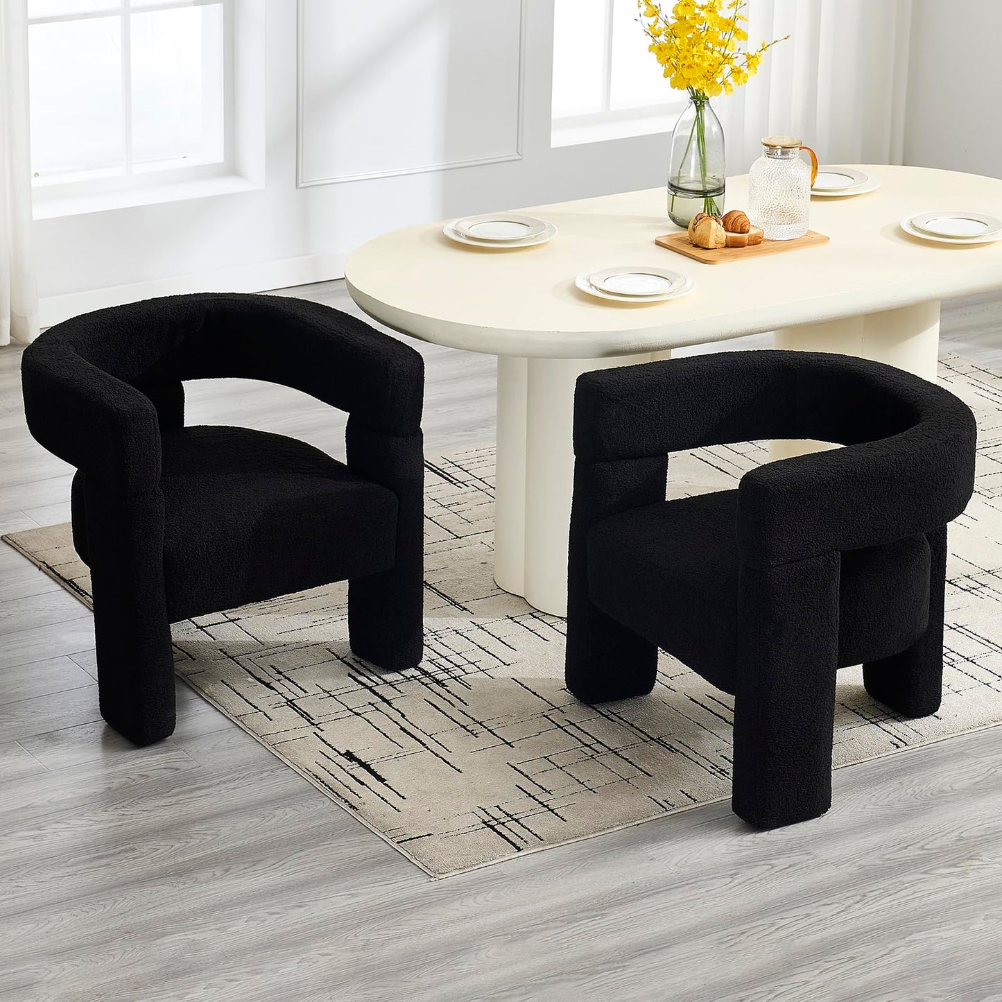 KHISCHMO Sherpa Boucle Accent Chair, Mid Century Modern Dining Room Chair, Comfy Upholstered Side Armchair Cute Barrel Side Chairs with 3 Legs for Bedroom/Kitchen/Living/Balcony/Reception,Black