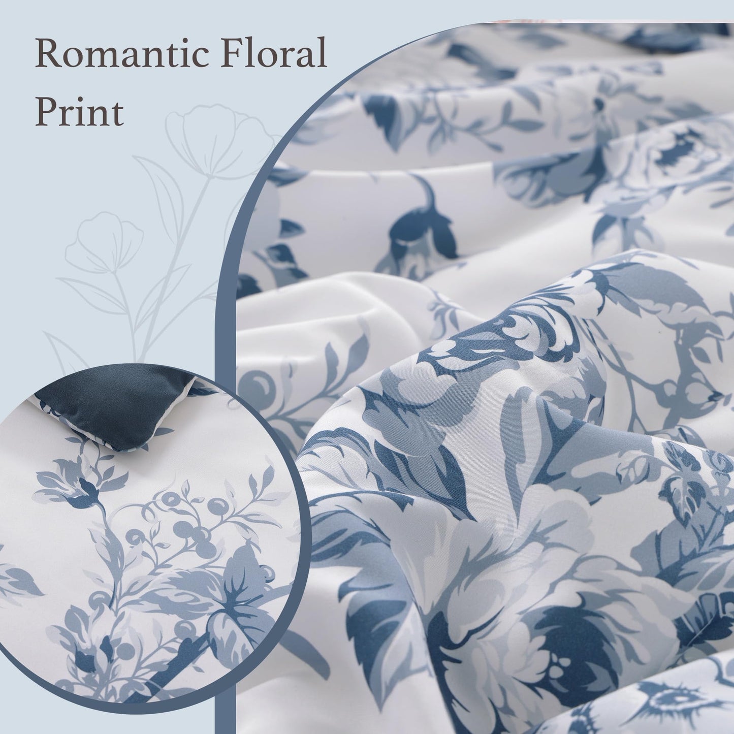BLOOMHAVEN Queen Comforter Set -7 Pieces Floral Blue Comforter Set for All Seasons, Bed in a Bag Queen with Botanical Flowers Comforter, Sheets, Pillowcases & Shams
