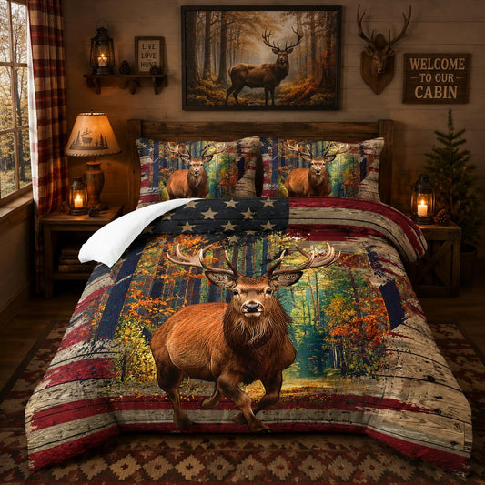 Nttopship Deer Comforter Set Twin Size for Adults 3Pcs,American Flag Bedding Set Soft Warm Comforer for All Season Room Decor with 1 Comforter and 2 Pillow Case