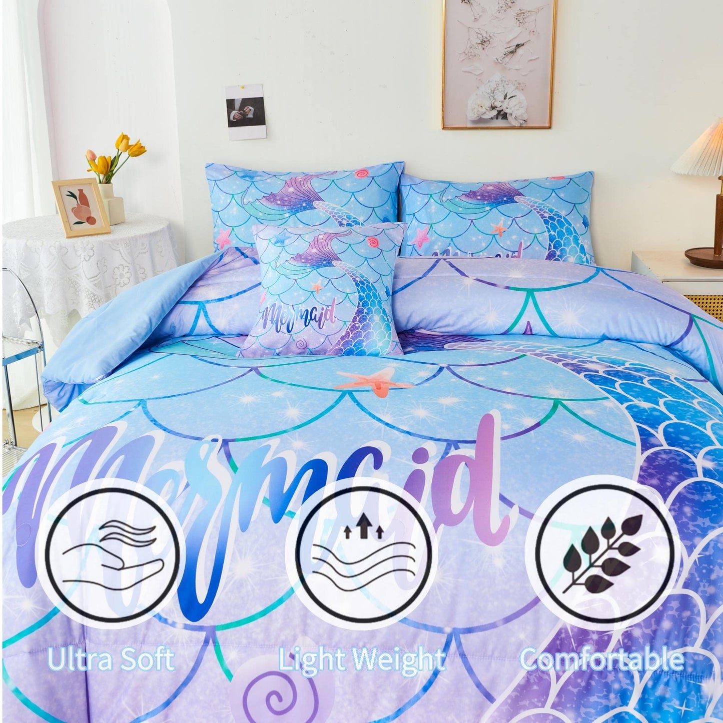 RYNGHIPY 6Pcs Mermaid Tail Comforter Set for Kids Girls, Mermaid Fish Scale Bed in a Bag Twin Size, Sparkle Teal Purple Rainbow Bedroom Decor Bedding Set