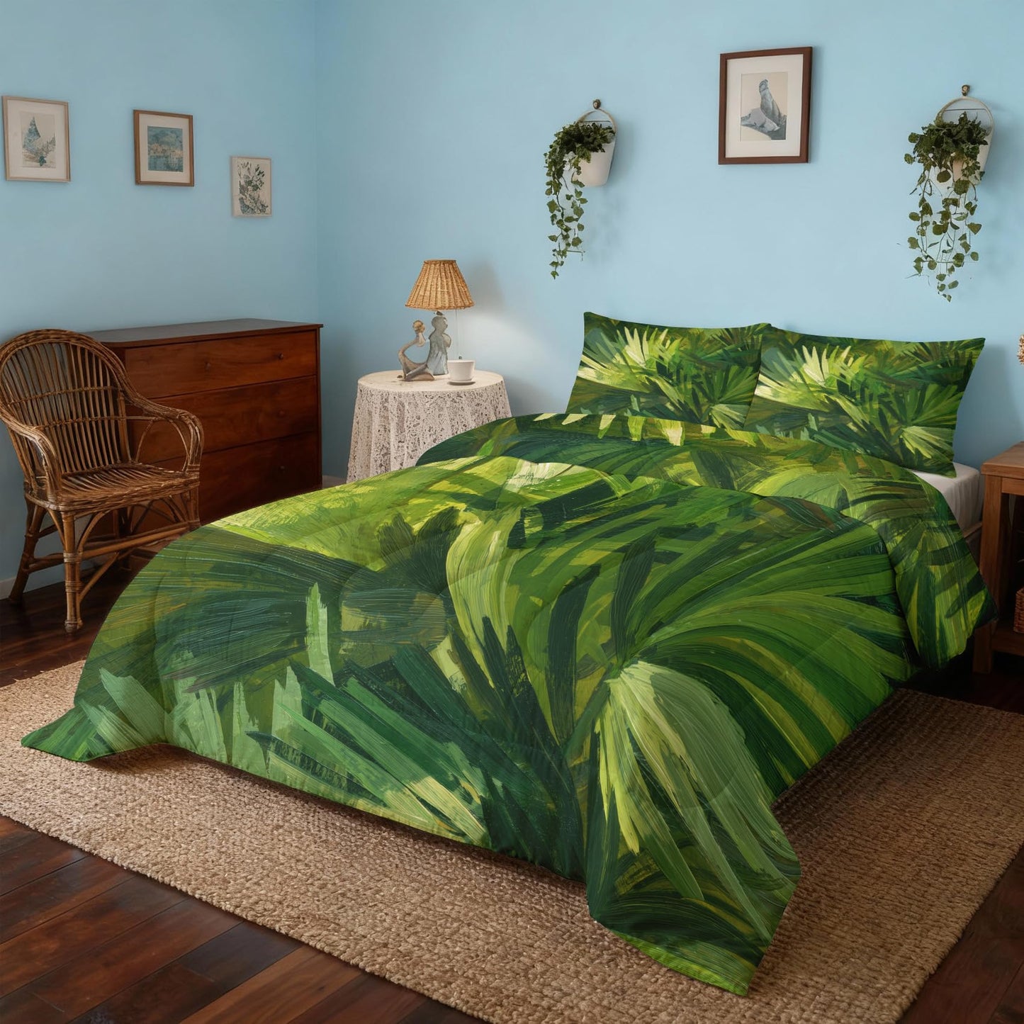 Palm Leaf Comforter Set King Size 3Pc, Tropical Plant Pattern Down Alternative Bed Comforter, 2 Pillow Shams, Soft All Season Bedding, Palm Leaf Bedroom Decor