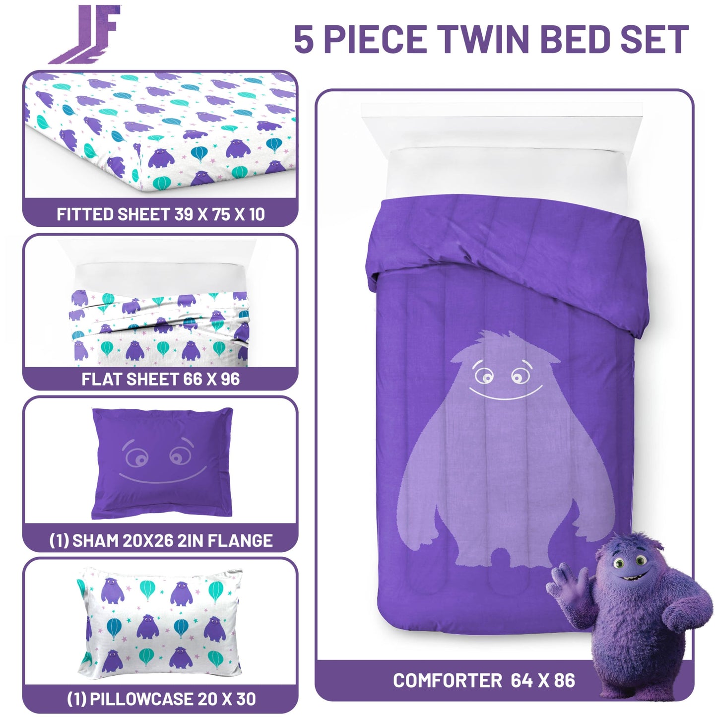 Jay Franco IF Imaginary Friends Twin Comforter Set - Purple 5 Piece Bed Set Includes Sheet Set & Pillow Covers - Super Soft Kids Bedding Features Blue