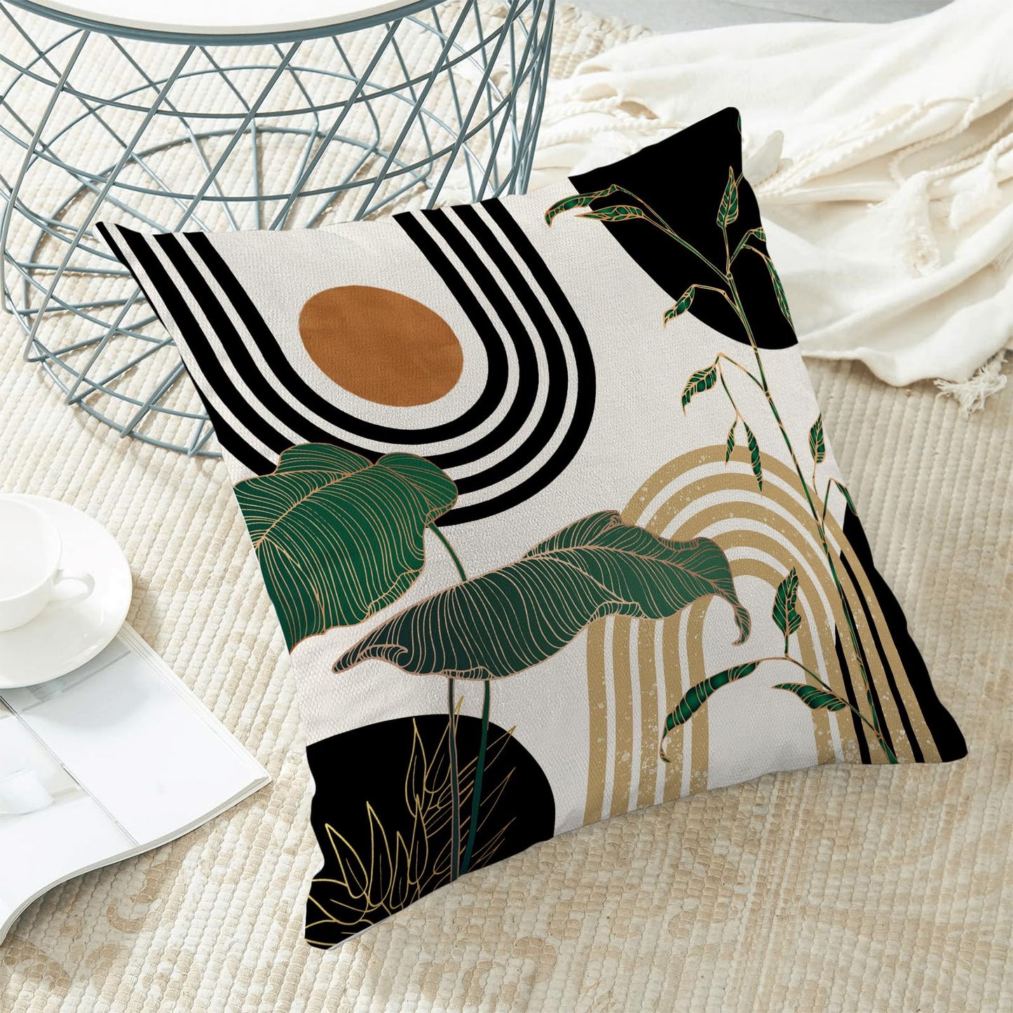 BETGINY Black Green Orange Boho Pillow Covers 18x18 Inch 2 Pcs,Tropical Leaf Summer Outdoor Decorative Throw Pillows,Mid Century Abstract Farmhouse Decor Pillowcase Linen Cushion Cover for Couch Sofa