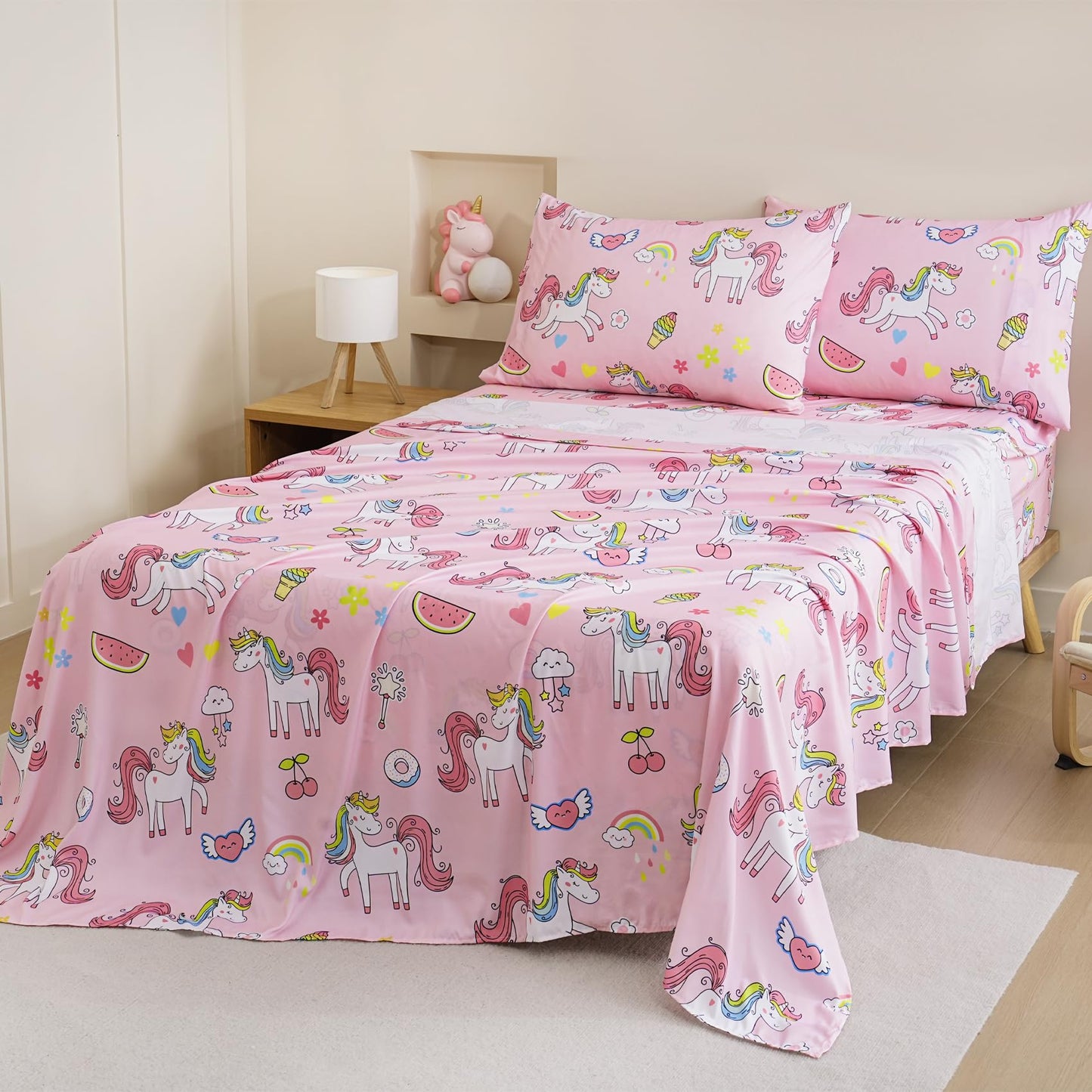 Yibeizi Pink Unicorn Sheet Set for Girls Twin, Kids Rainbow Sweet Print Bedsheets Microfiber Deep Pocket Cute Patterned Bed Sheet & Pillowcase Sets 3 Pieces