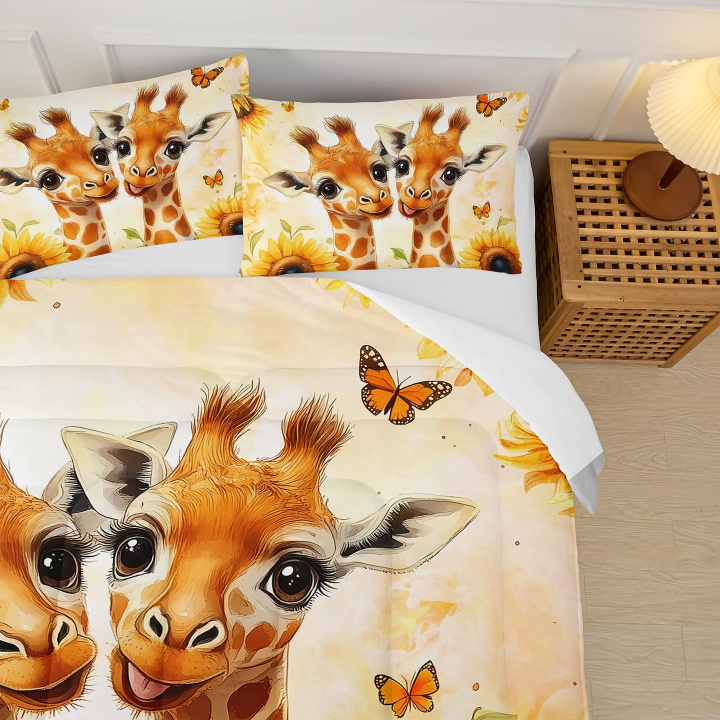 lneffble Sunflower Giraffe Comforter Set Twin Size for Girls,Yellow Giraffe Bedding Set,Flower Butterfly Print Animals Bedding Set,Wildlife Quilt Set,Leopard Pattern Bed Comforter Set