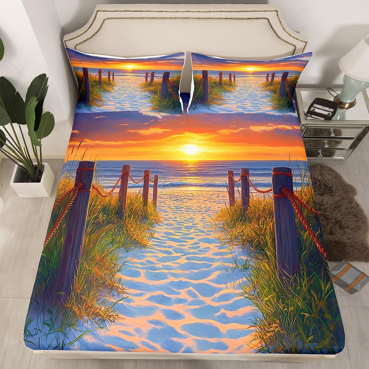 jejeloiu Beach Theme Fitted Sheet Full Size Kids Wood Green Plants Sunset Bed Sheets Set for Boys Girls Teens Sea Ocean Wave Summer Coastal Natural Scenery Bedding Set Room Decor
