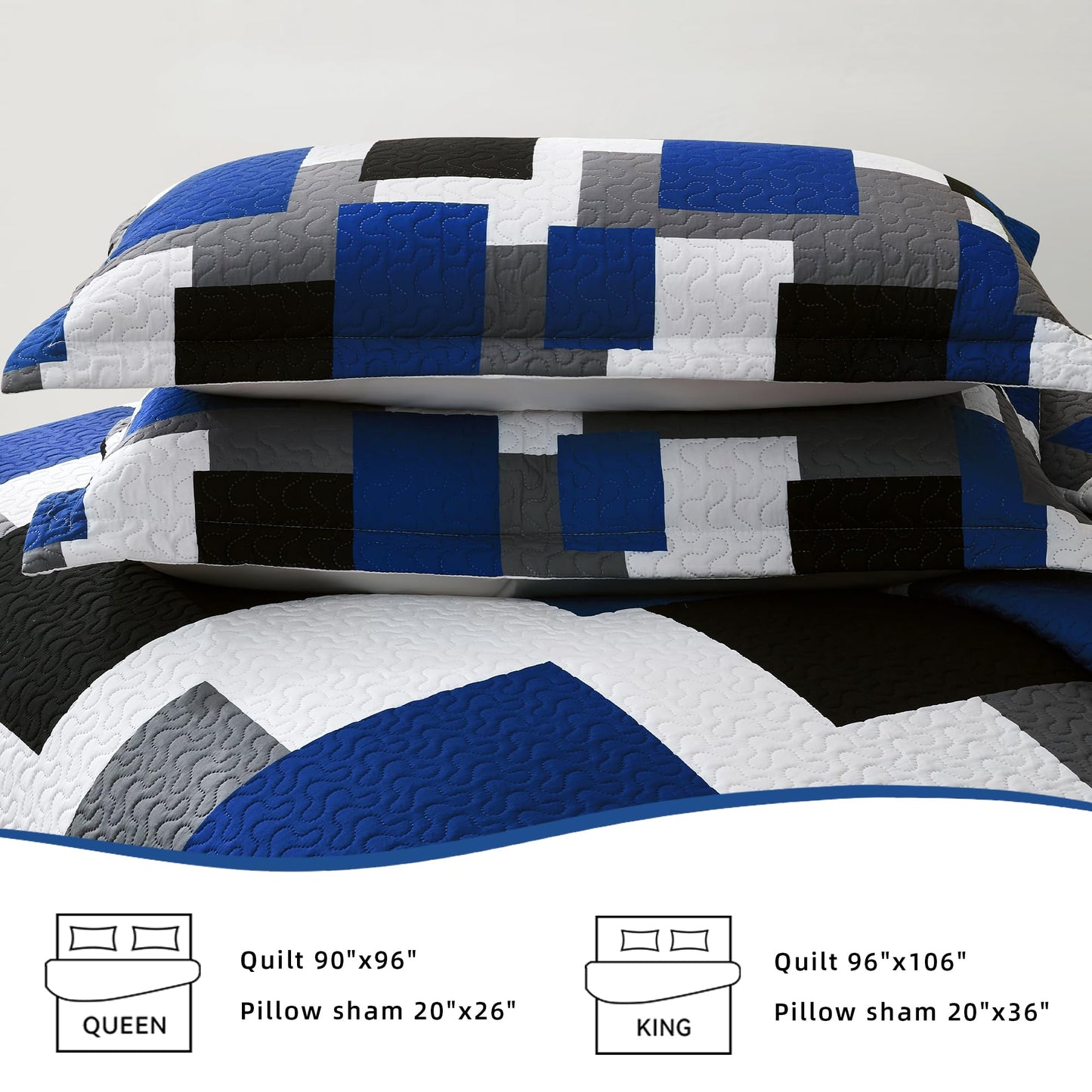 Tyrot 3 Piece Blue White Grey Quilt Set King Size Black White Geometric Reversible Bedding Set Microfiber Lightweight Bedspread Coverlet with 2 Shams Modern Bed Covers for All Season, 106''x96''