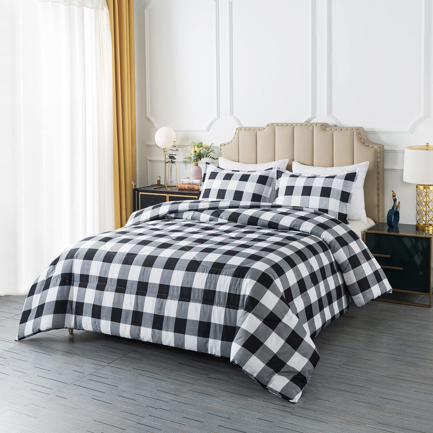 Caressma Buffalo Plaid Comforter Set Queen, Black White Buffalo Plaid Comforter Bedding Set for All Seasons, Classic Gingham Pattern Print Soft Microfiber 3 Pieces Comforter with Pillowcases