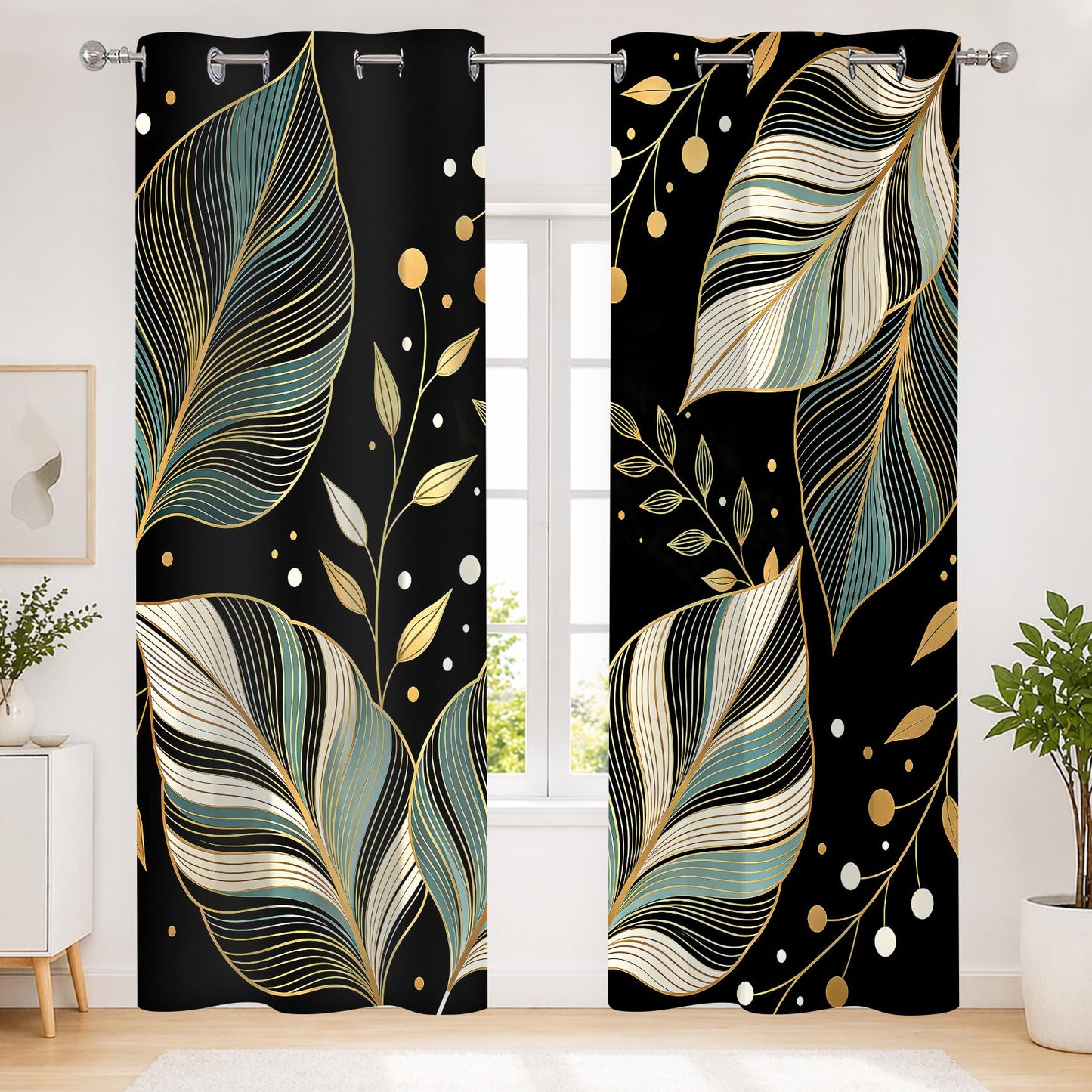 MYUSRE Black and Gold Leaf Curtains for Bedroom, 2 Panels 42x84 inch