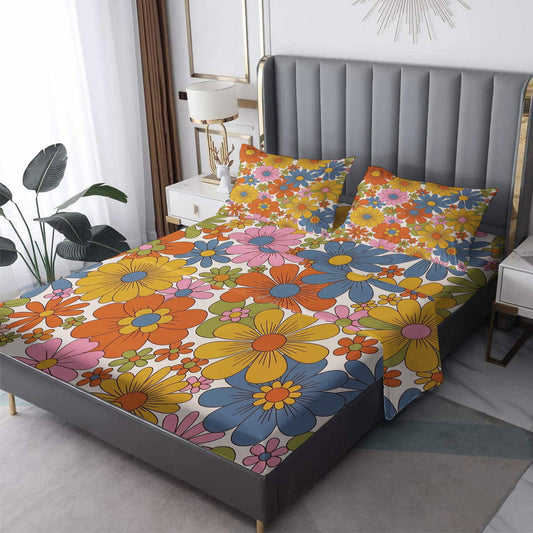 zcsm Groovy Flower Sheets King Size Bed Set - 70s Retro Floral Bed Sheets, Soft Microfiber & Deep Pocket & Wrinkle Free Sheet & Pillowcase Sets, Vintage Bedding for Bedroom Decor