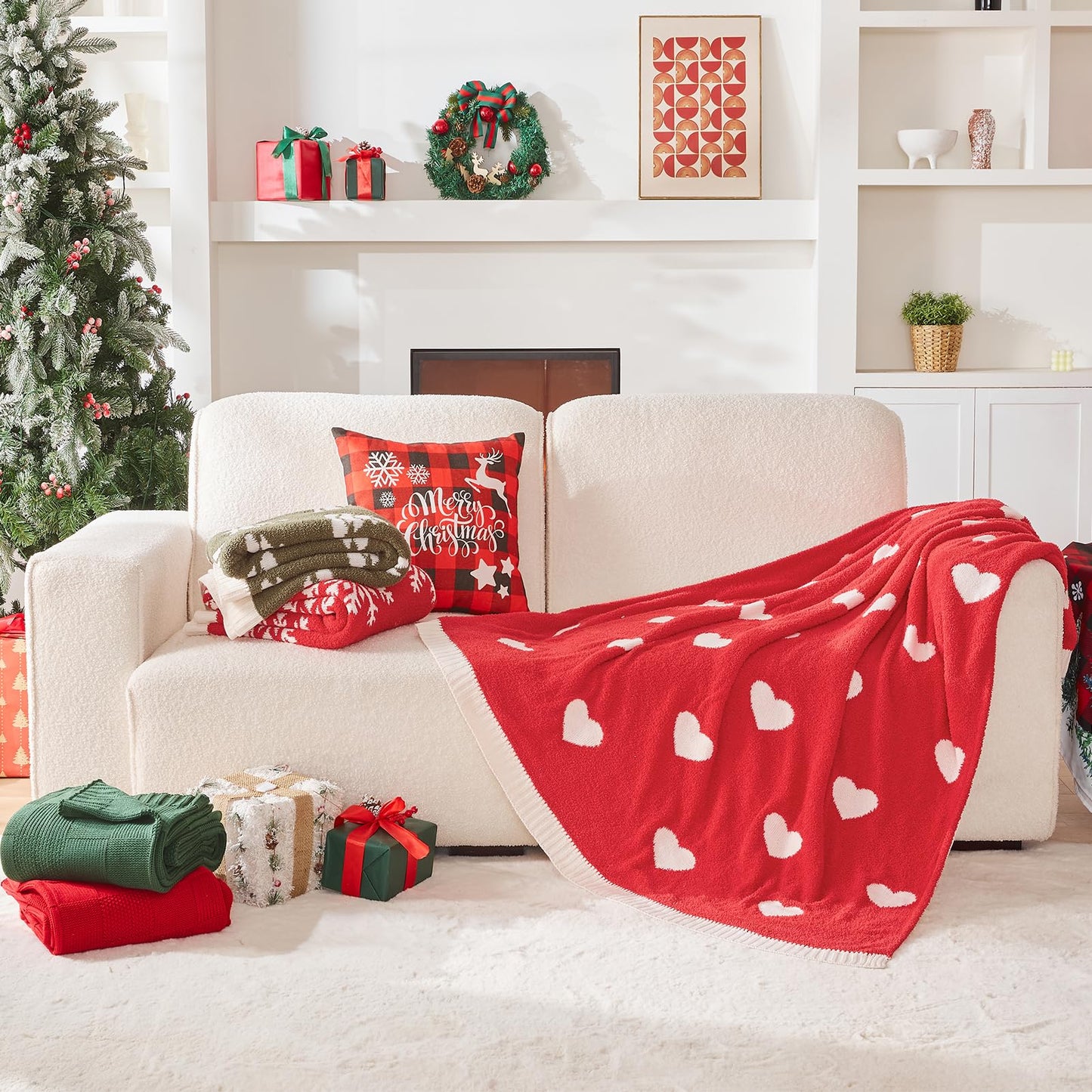 Douceur Love Heart Throw Blanket, Ultra Soft Red Fluffy Valentine’s Day Blanket, Reversible Cozy Decorative Blanket for Bed Couch Sofa, Super Soft Indoor Living Room Plush Throws, 60"X80"