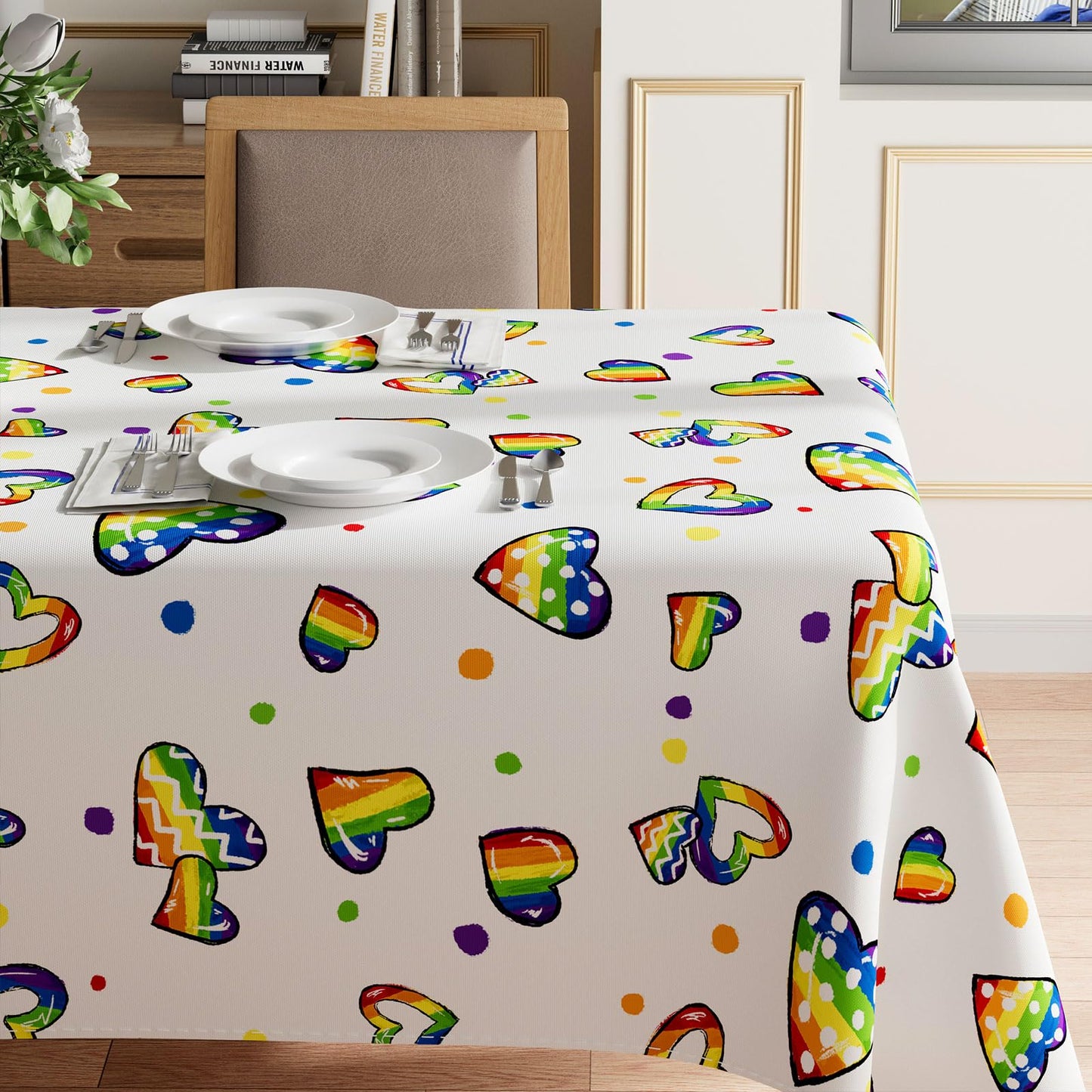 XCHI Rainbow Love Heart Dots LGBTQ Tablecloth Rectangle Pride Day Inclusion Gay Transgender Queer Equality for Indoor Outdoor Dining Home Party Decorations 60x84 Inch