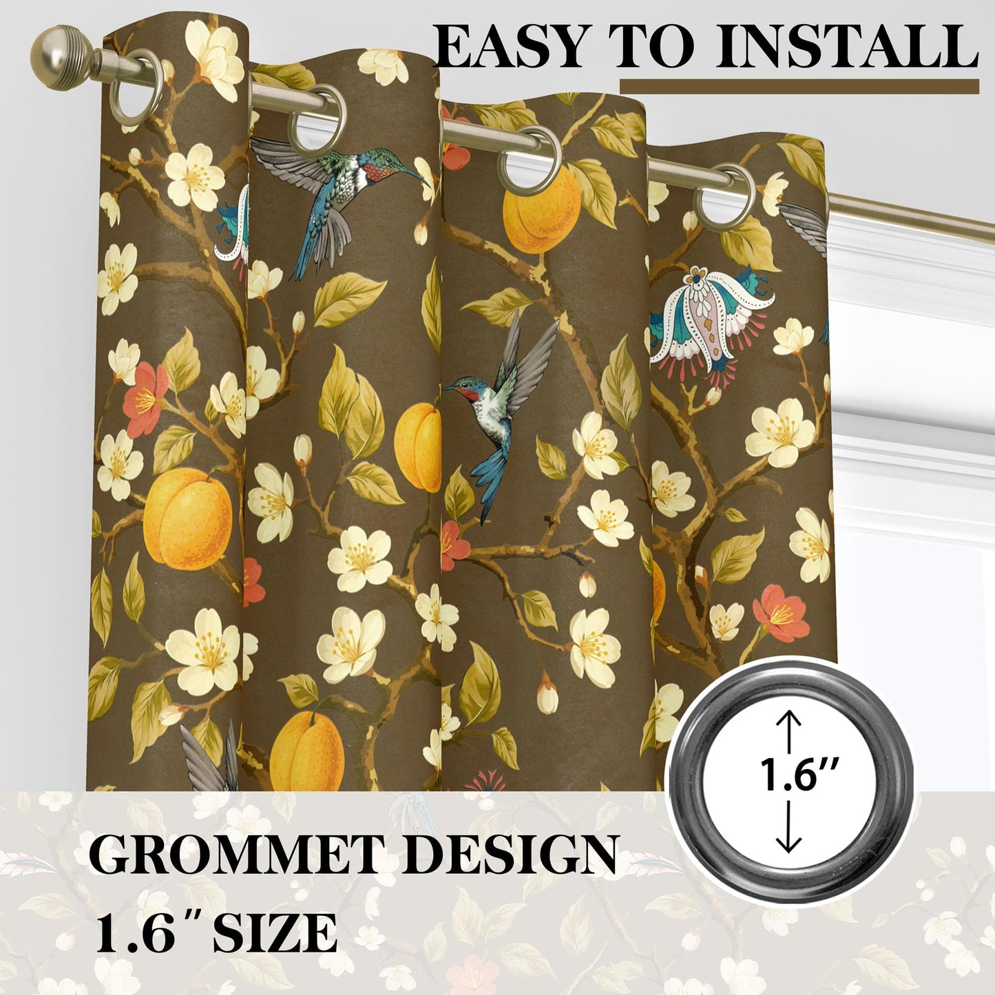Floral Curtains 100% Blackout, Vintage Hummingbird Black Out Curtain 84 Inches Long, Patterned Thermal Insulated Window Drapes 2 Panels, Grommet Room Darkening Curtains for Living Room Bedroom, Brown