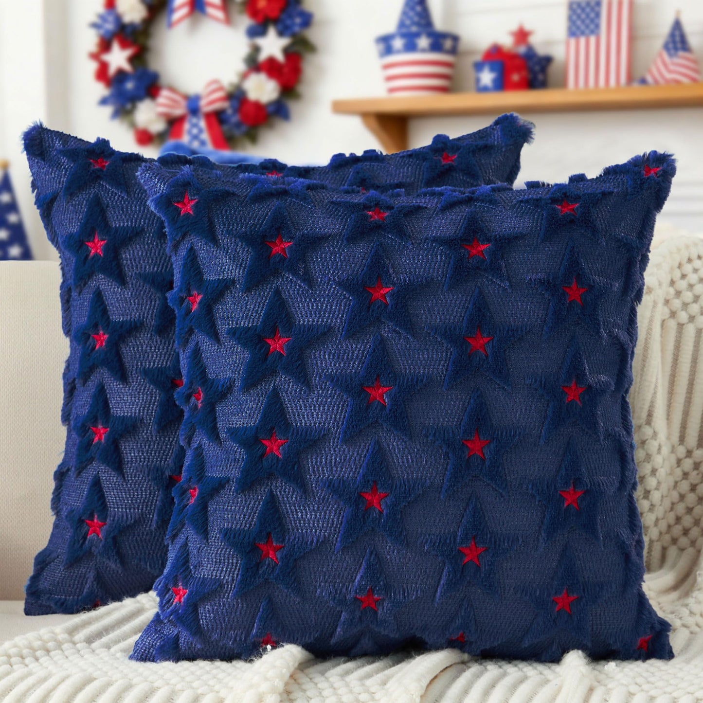 DFXSZ 4th of July Pillow Covers 18x18 inch Set of 2 4th of July Decor Red Embroidery Star Decoration Soft Plush Faux Fur Jacquard Throw Pillows Independence Day Decorations for Home Sofa PTK027A18