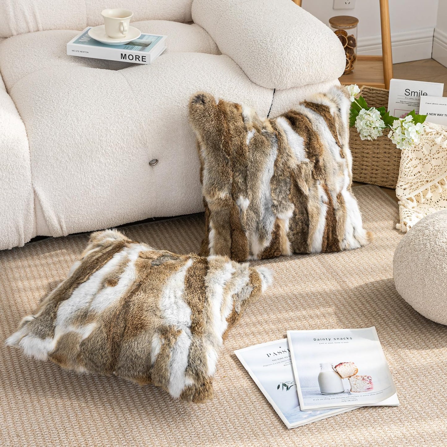 ROSE FEATHER Genuine Rabbit Fur Pillow Covers Set of 2,Luxury Decorative Throw Pillowcases Fluffy Animal Skin Accents Bolster Cushion Cover for Couch Sofa Bedroom Living Room Home,18x18 inch,Yellow