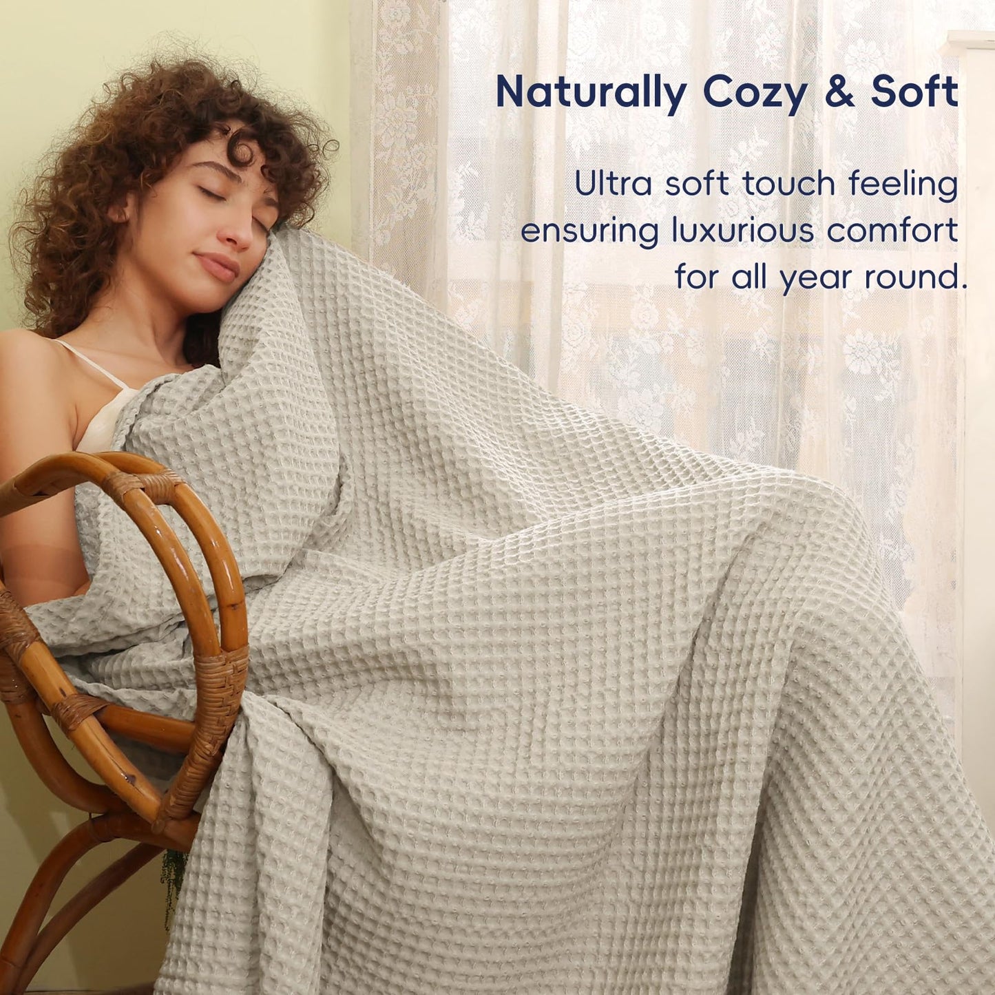 PHF Ultra Soft Waffle Weave Blanket Throw Blanket, Lightweight Breathable Cooling Skin-Friendly Throw for Spring Summer for Hot Sleeper，Aesthetic Home Decor for Bed Couch, Light Khaki/Linen, 50"* 60"