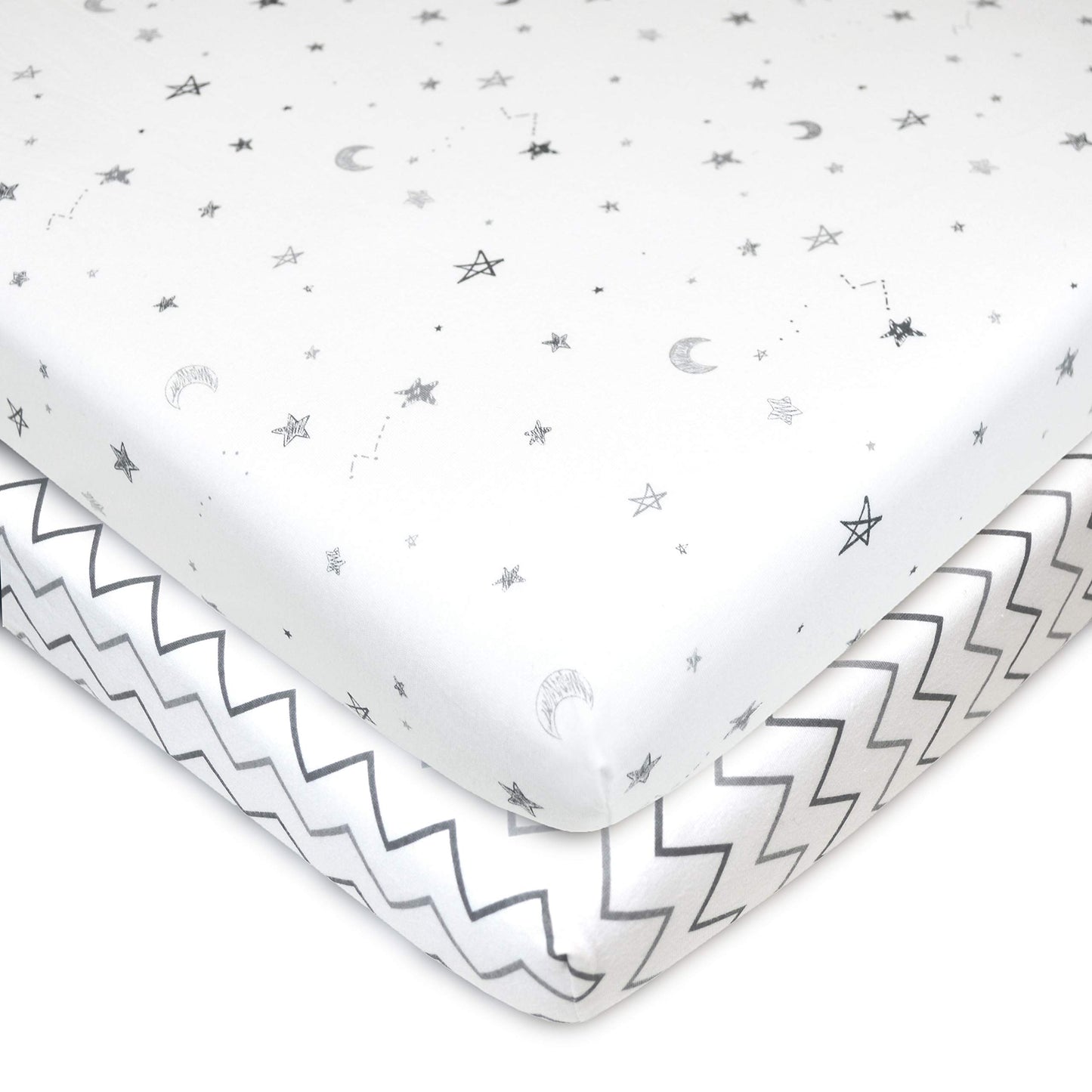 TL Care 2 Pack 100% Natural Cotton Fitted Pack and Play Sheets 39" x 27" - Soft & Breathable Pack N Play Sheets for Playard & Mini Crib Mattress, Gray Star/Gray Zigzag, for Boys & Girls