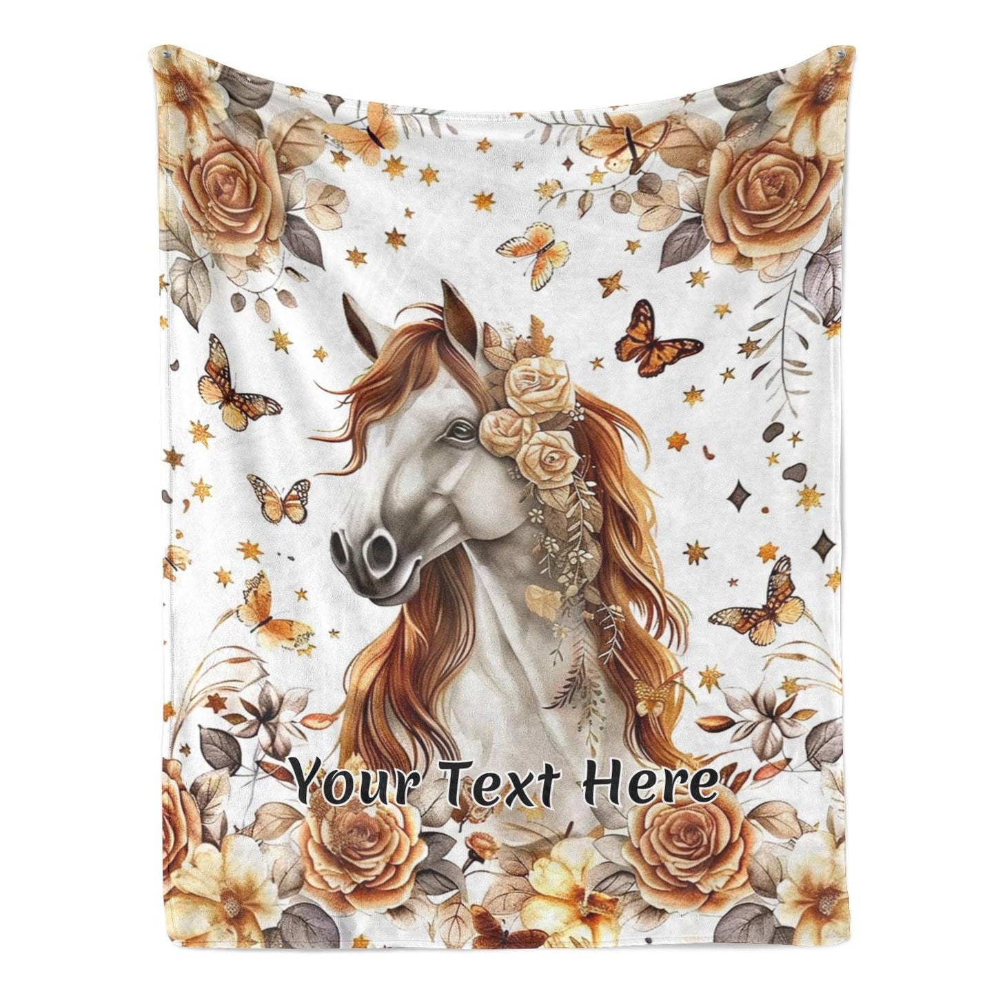 Customized Horse Blanket with Flowers, Add Your Name Text Blankets Soft Warm Small Throw for Women Men Couch Sofa Bed