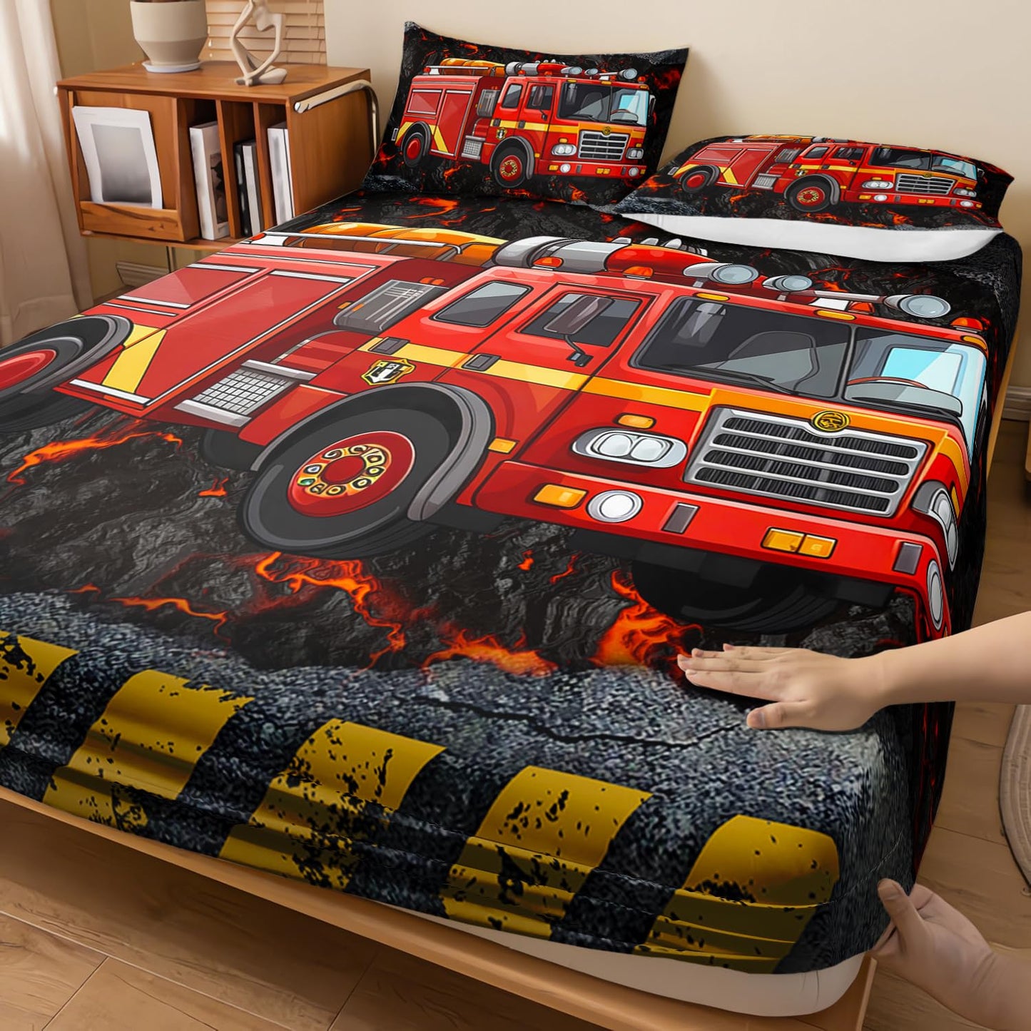 AILONEN Cartoon Red Fire Truck Fitted Sheet Set Twin Size, Fire Rescue Car Bedding Set for Kids,Boys,Girls,Teens, Emergency Rescue Vehicle Bed Sheet Set,3-Piece, 1 Fitted Sheet and 2 Pillowcases