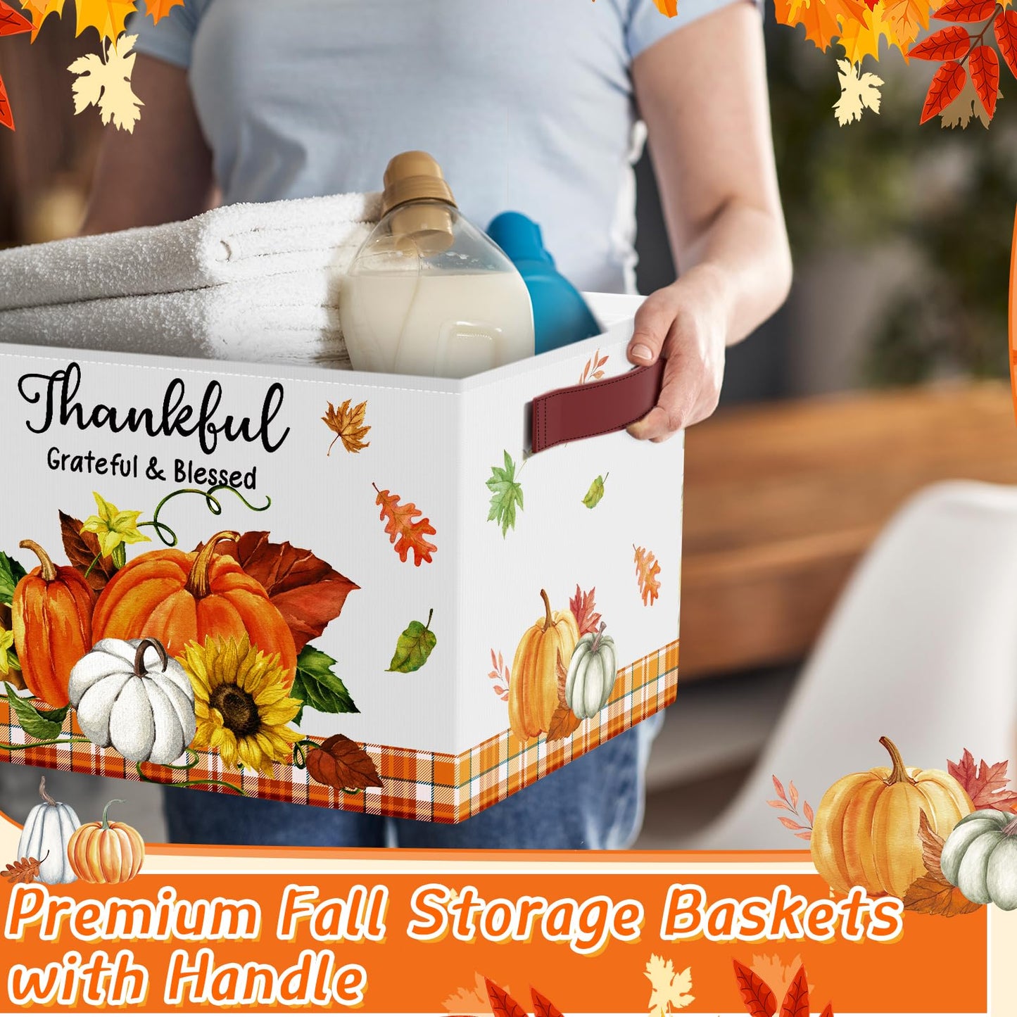 Boao 3 Pack Thanksgiving Storage Gifts Baskets Empty Autumn Storage Bins, Large Foldable Pumpkin Scarecrow Fall Harvest Canvas Laundry Basket with Handle for Office Home Nursery Bedroom Clothes