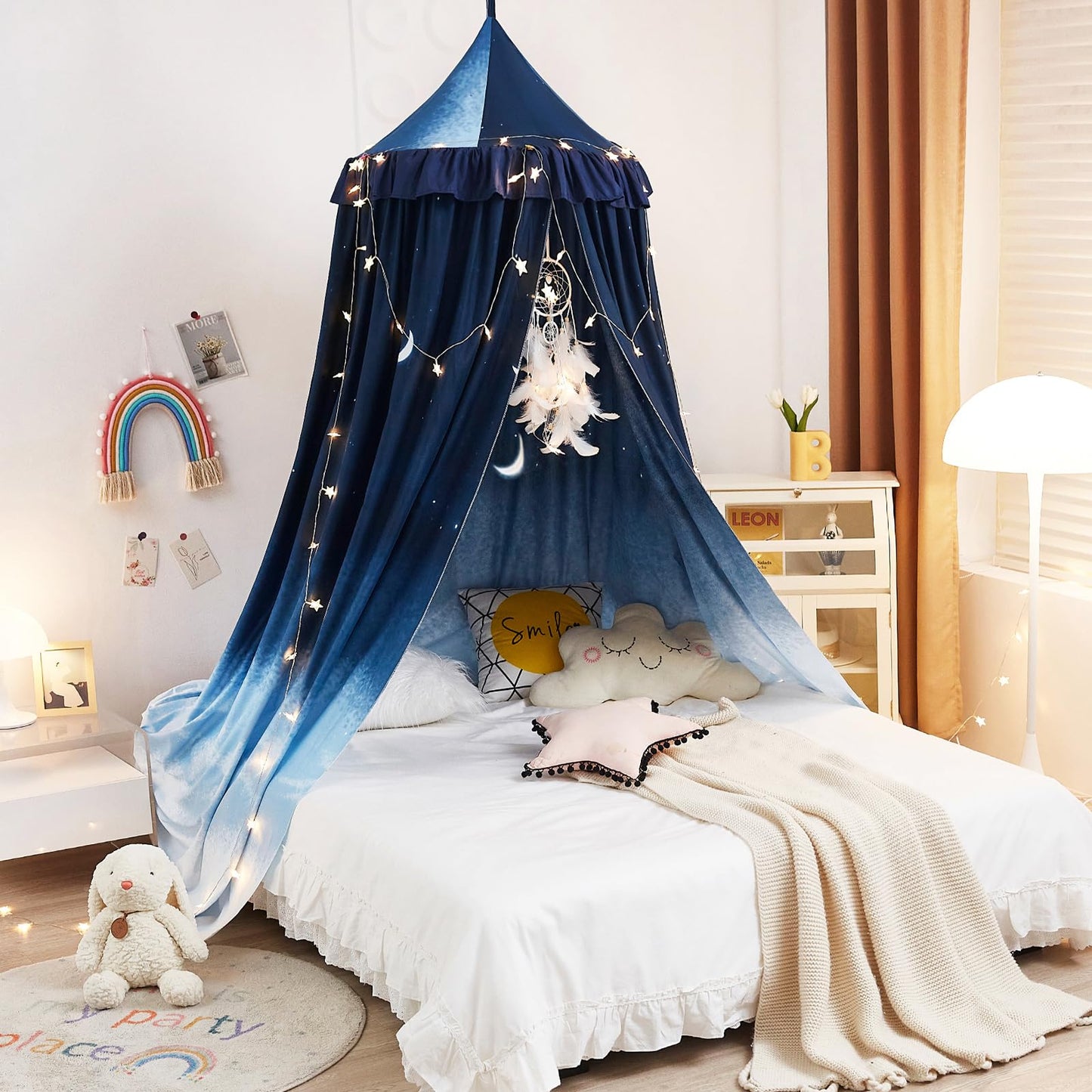 Kertnic Decor Princess Canopy for Girls Bed, Soft Smooth Playing Tent Canopy Room Decoration Castle, Dreamy Mosquito Net Bedding, Reading Nook Canopies in Home (Night Sky-Ruffle)