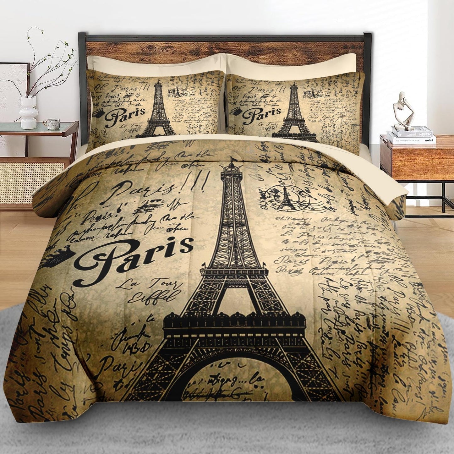 Pamnest Comforter Set Queen Size, Paris Eiffel Tower 7 Pcs Bedding for Kids and Adults, Love Retro Brown Bed Sheet Sets with Fitted Sheet 2 Pillowcases & 2 Shams for Bedroom Bed Decor