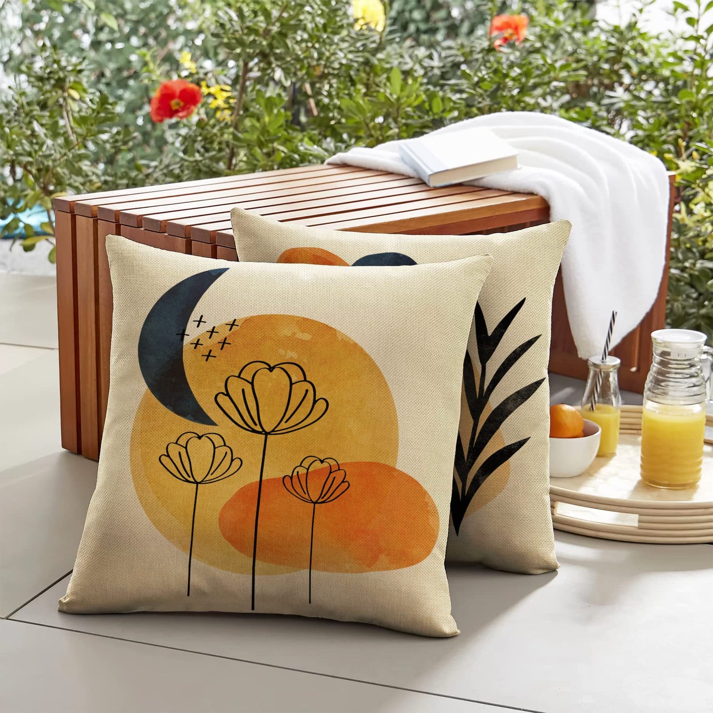 FBCOO Boho Abstract Modern Art Decorative 18 x 18 Throw Pillow Cover Set of 4, Minimalist Geometric Bohemian Sun Moon Decoration, Botanical Plant Square Pillowcase Cushion Case Sofa Couch Home Decor
