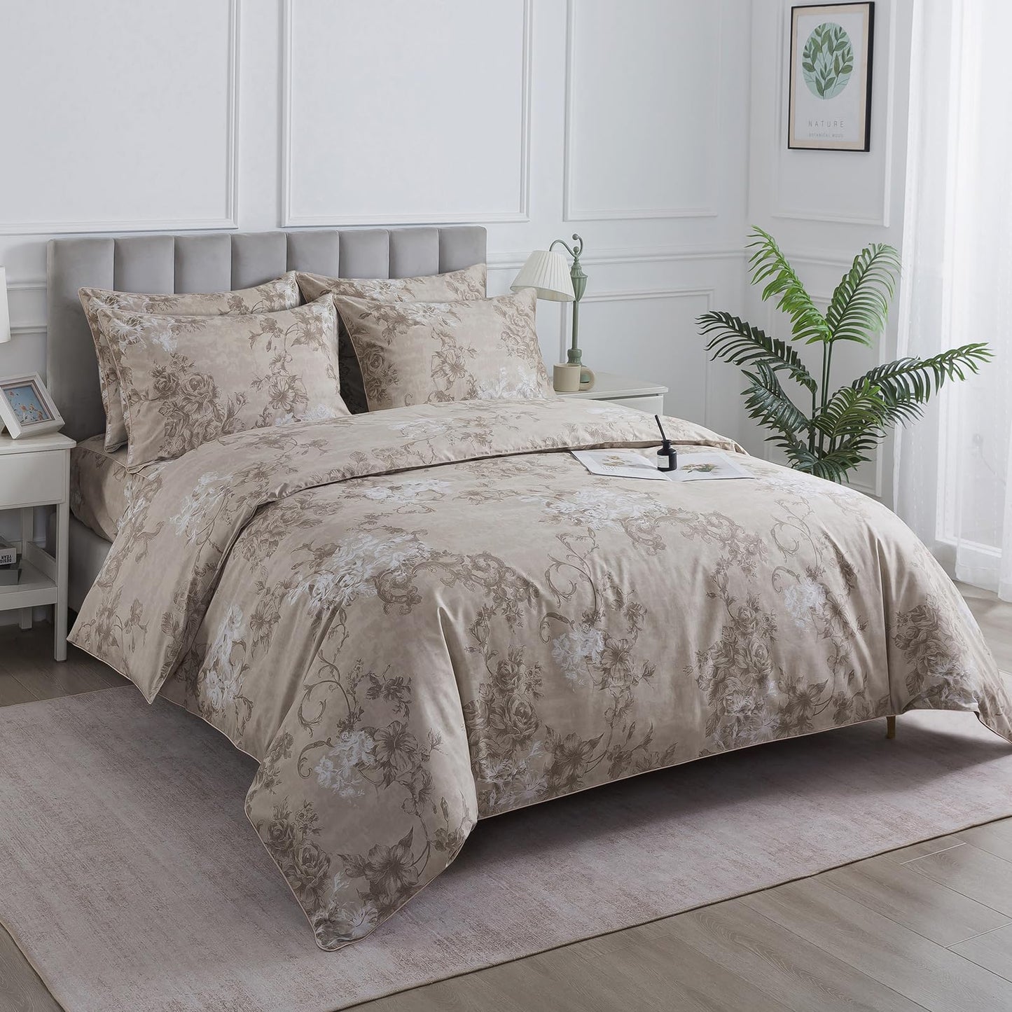 Puralens Dark Beige Moody Floral Duvet Cover, King 100% Cotton Percale Neutral Flower Comforter Cover Set, Shabby Chic Cottage Reversible Toile Bed Cover Set with Ties, Farmhouse Zipper Bedding, 3Pcs