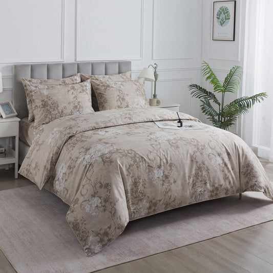 Puralens Dark Beige Moody Floral Duvet Cover, King 100% Cotton Percale Neutral Flower Comforter Cover Set, Shabby Chic Cottage Reversible Toile Bed Cover Set with Ties, Farmhouse Zipper Bedding, 3Pcs