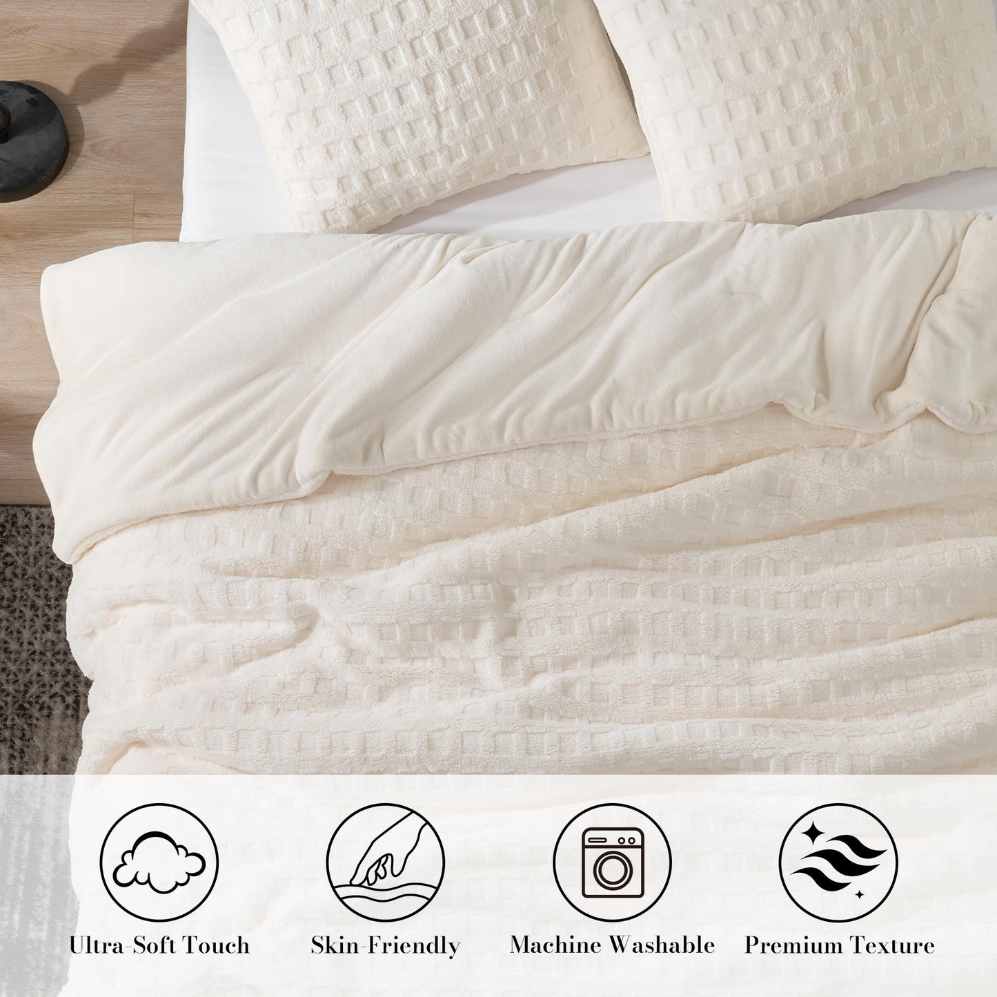 Amélie Home Fleece Comforter Set Size, Beige Waffle Textured Fleece Comforter Set, Super Warm Fluffy Plush Bedding Set, 3 Pieces,1 Cozy Comforter and 2 Pillowcases