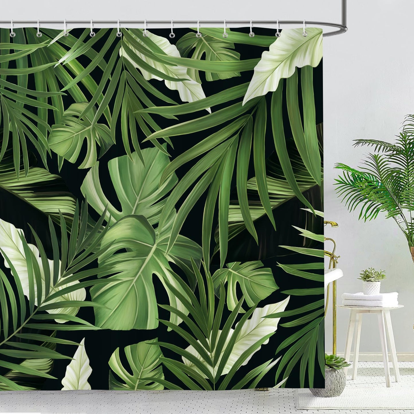 Bonhause Tropical Leaves Shower Curtain, Dark Green Jungle Plant Palm Monstera Leaf Bathroom Decor 72x72 Inch Polyester Fabric Waterproof Bath Curtain with 12 Hooks