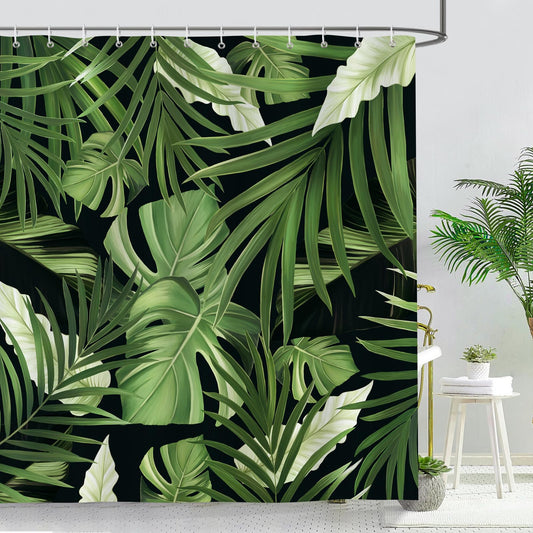 Bonhause Tropical Leaves Shower Curtain, Dark Green Jungle Plant Palm Monstera Leaf Bathroom Decor 72x72 Inch Polyester Fabric Waterproof Bath Curtain with 12 Hooks