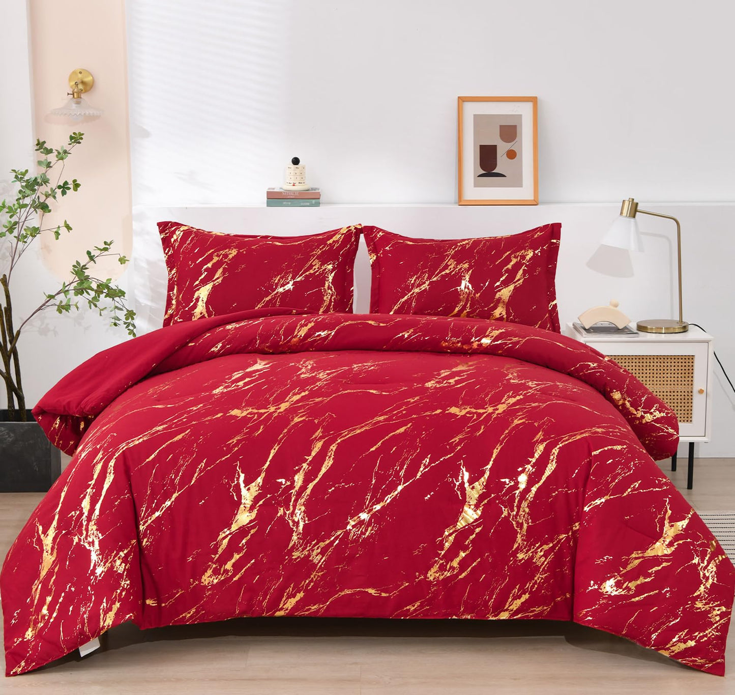 WONGS BEDDING Red Gold Metallic Marble Comforter Set Queen,Red Christmas Bedding Sets with 2 Pillowcases for All Seasons, Soft Microfiber Filling Bedding Duvet Set 90/inx90/in