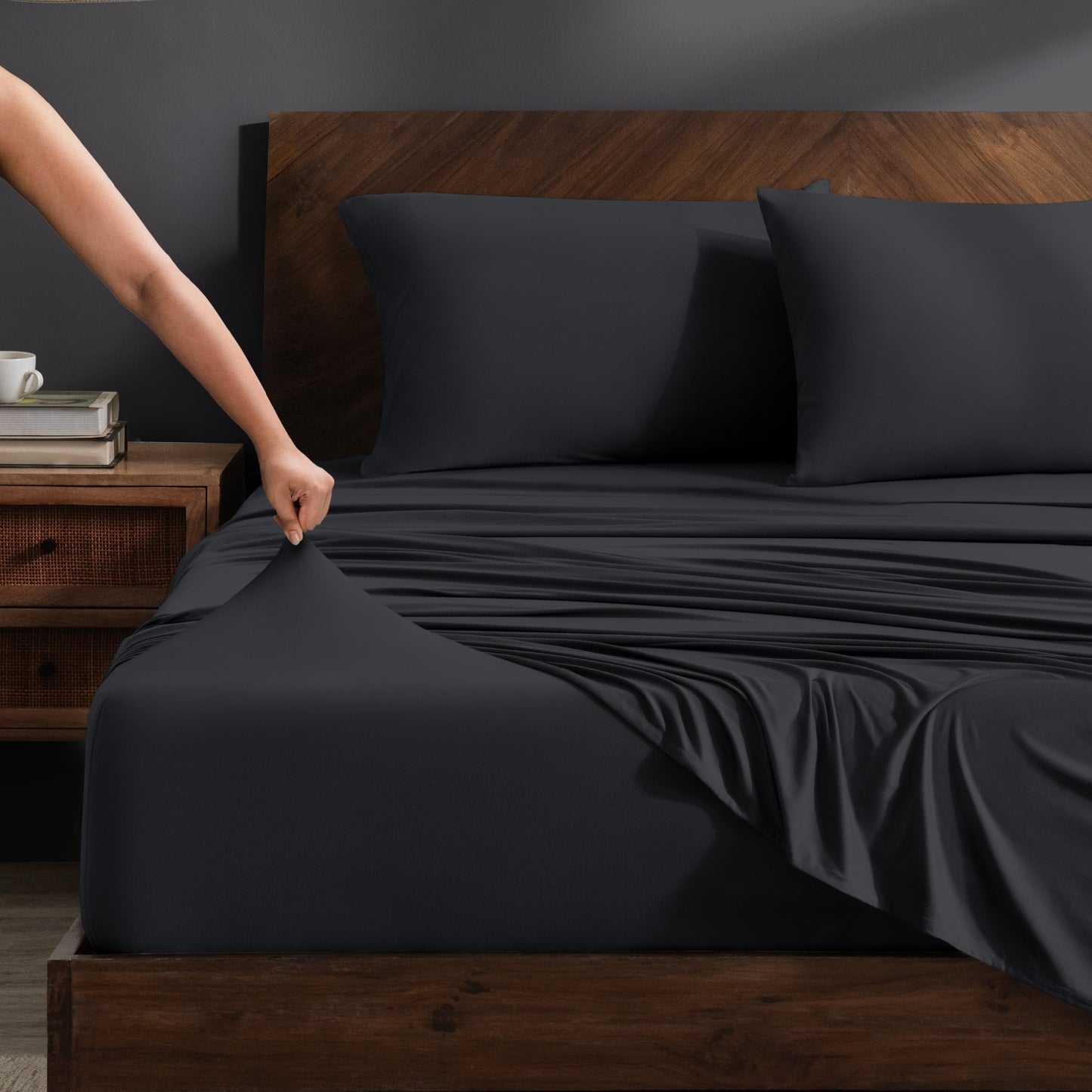 Bare Home Cooling Performance Jersey Knit Stretch Sheet Set, Moisture-Wicking & Breathable, 4-Way Stretch Bed Sheets, Envelope Pillowcases (Full, Black)
