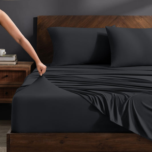 Bare Home Cooling Performance Jersey Knit Stretch Sheet Set, Moisture-Wicking & Breathable, 4-Way Stretch Bed Sheets, Envelope Pillowcases (Full, Black)