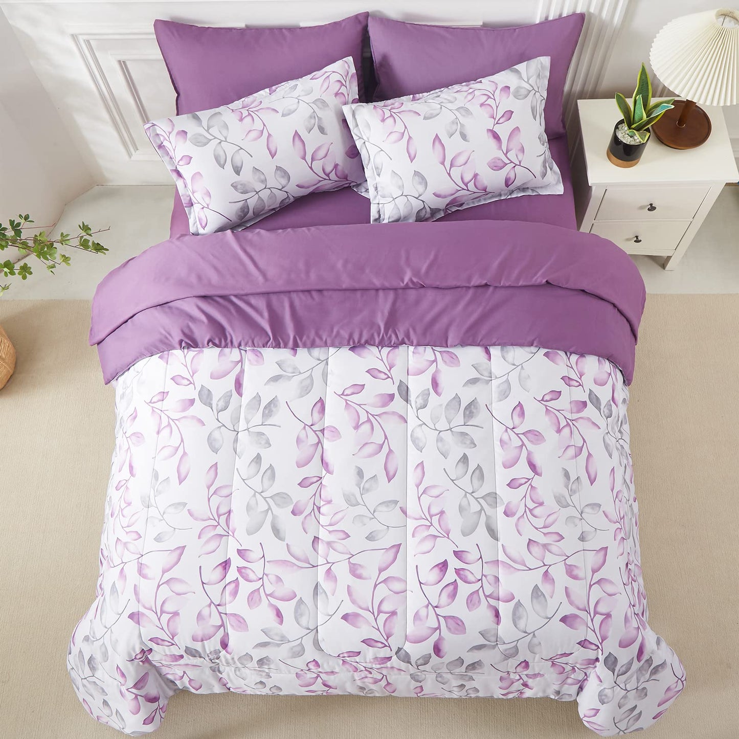 Yogeneg Botanical Comforter Set Queen Size 7 PCS Bed in a Bag,Purple Grey Leaves Printed on White Reversible Design,Soft Microfiber Bedding Complete Set for All Season(Purple,Queen)